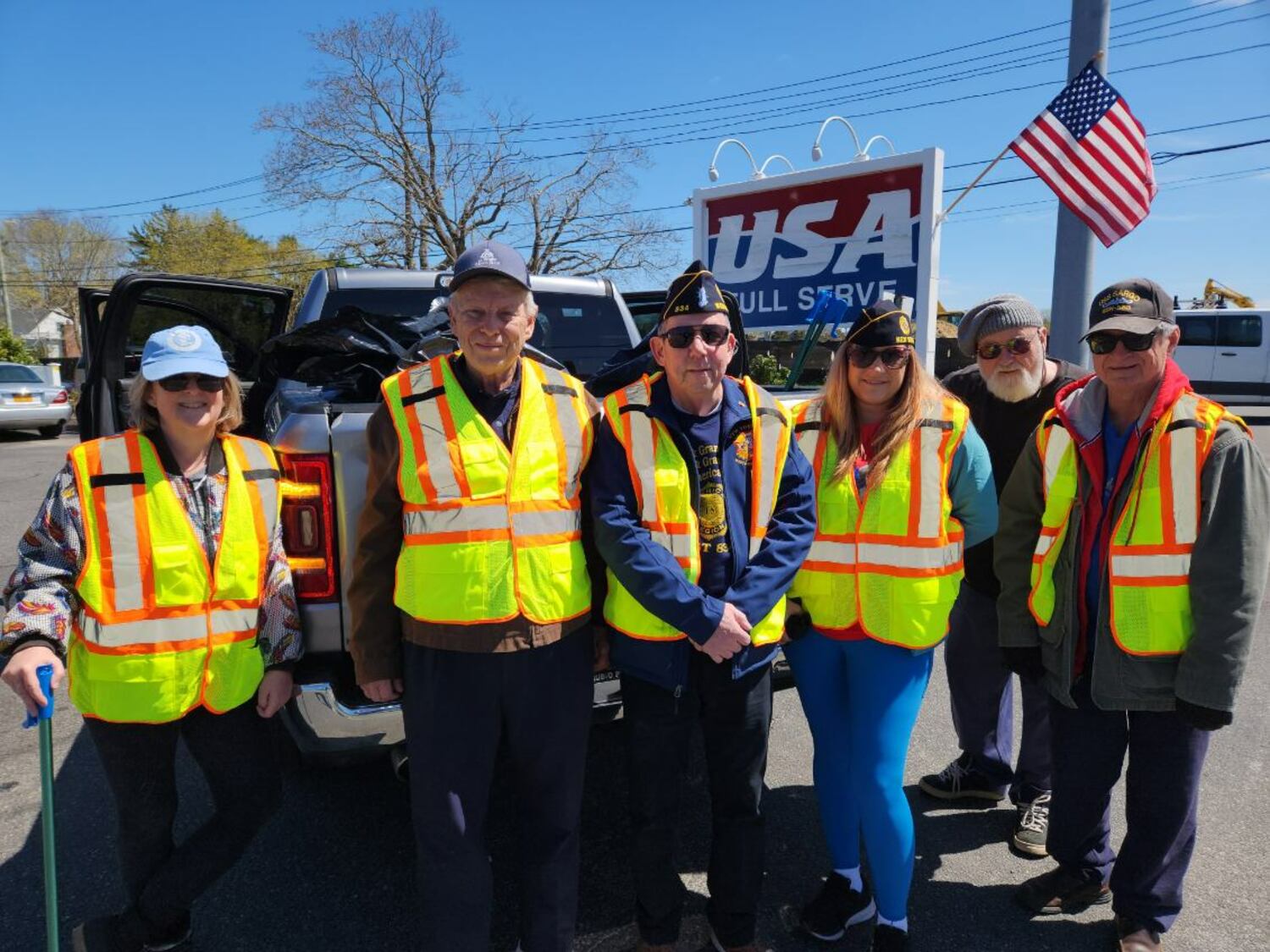 Members of the Westhampton American Legion Post 834, from left, Susan Berdinka, Tom Gadlock, Tom Quinn, Lisha Terry, Paul Haines and Mike Berdinka, recently volunteered their time to pick up trash along Montauk Highway monthly as part of the Adopt A Highway Program. COURTESY TOM HADLOCK
