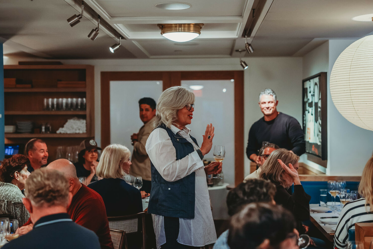Honest Man Hospitality’s Beverage Director Chimene Macnaughton talks wine at a Nick & Toni's wine dinner. KELSEY RODEN