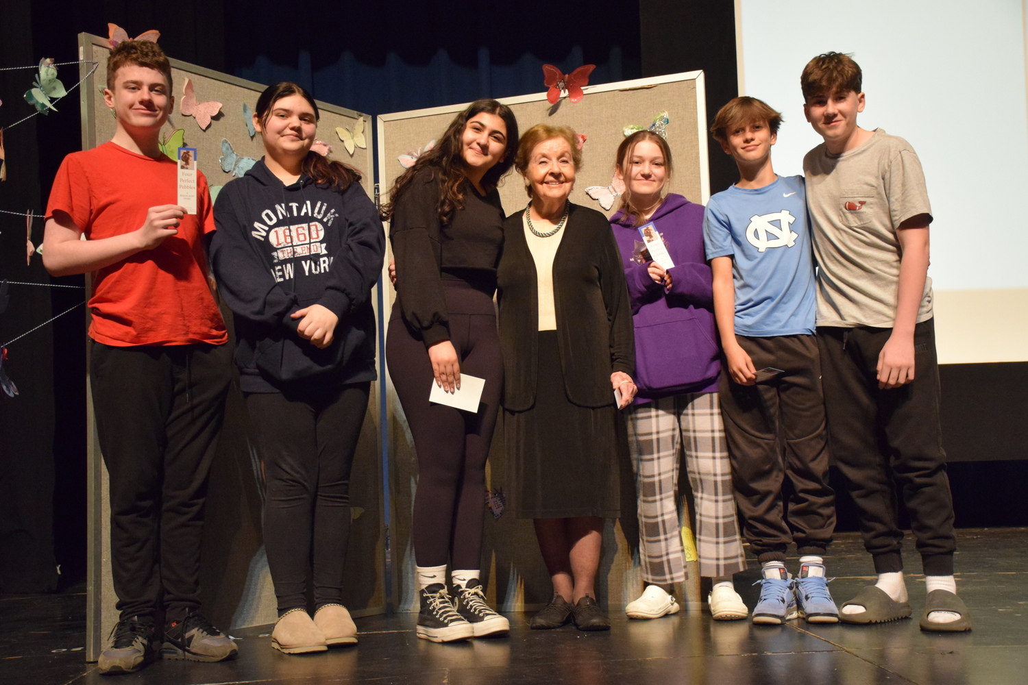 Eastport-South Manor Jr.-Sr. High School eighth grade students had a rare opportunity to attend an assembly with guest speaker, author and Holocaust survivor Marion Blumenthal Lazan. The students are currently reading her book, “Four Perfect Pebbles,” about Mrs. Blumenthal Lazan’s experience in a concentration camp when she was only 9 years old. COURTESY EASTPORT-SOUTH MANOR SCHOOL DISTRICT