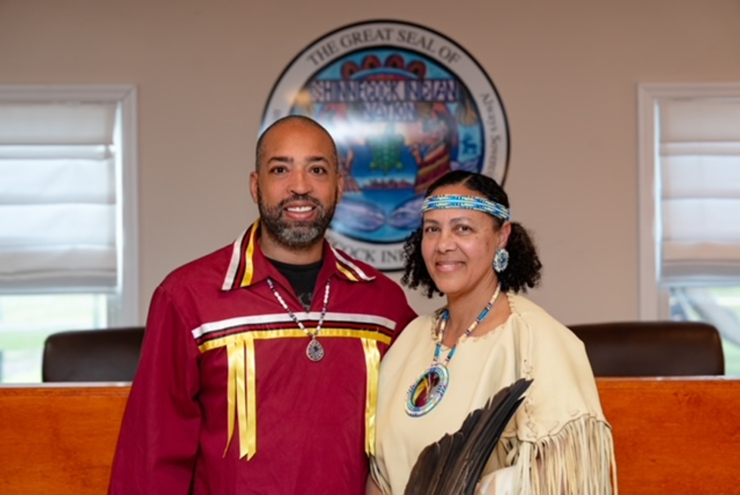 Lisa Goree was sworn in on Tuesday night as the new chair of the Shinnecock Nation Council of Trustees. Goree became the first woman to serve in that role.  She replaces Bryan Polite, left, the previous chairman, who stepped down with one year left in his term. REBEKAH PHOENIX WISE