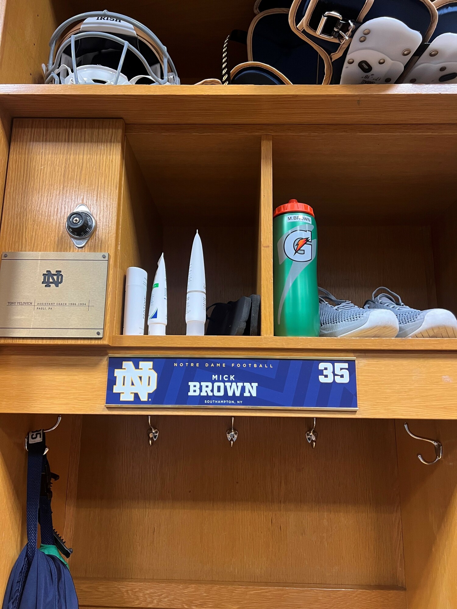 Mickey Brown's locker at Notre Dame.   COURTESY LARA BROWN