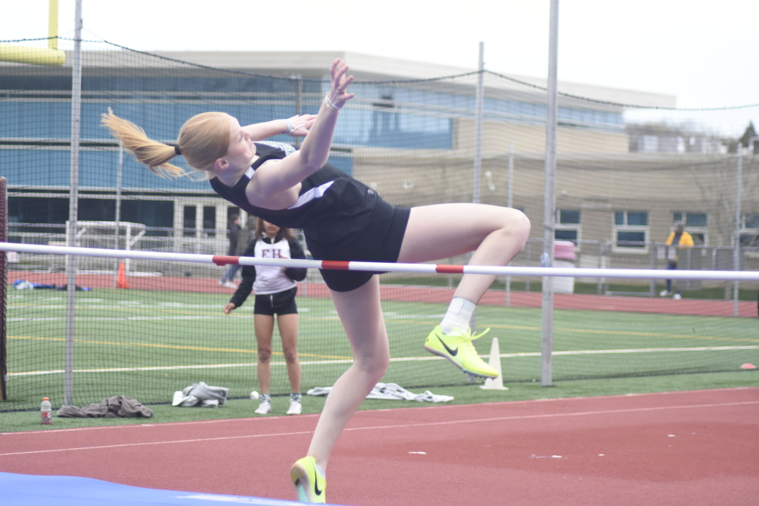 Mia Hill competed in the high jump for Westhampton Beach at a dual meet at East Hampton on April 19.   DREW BUDD.   DREW BUDD