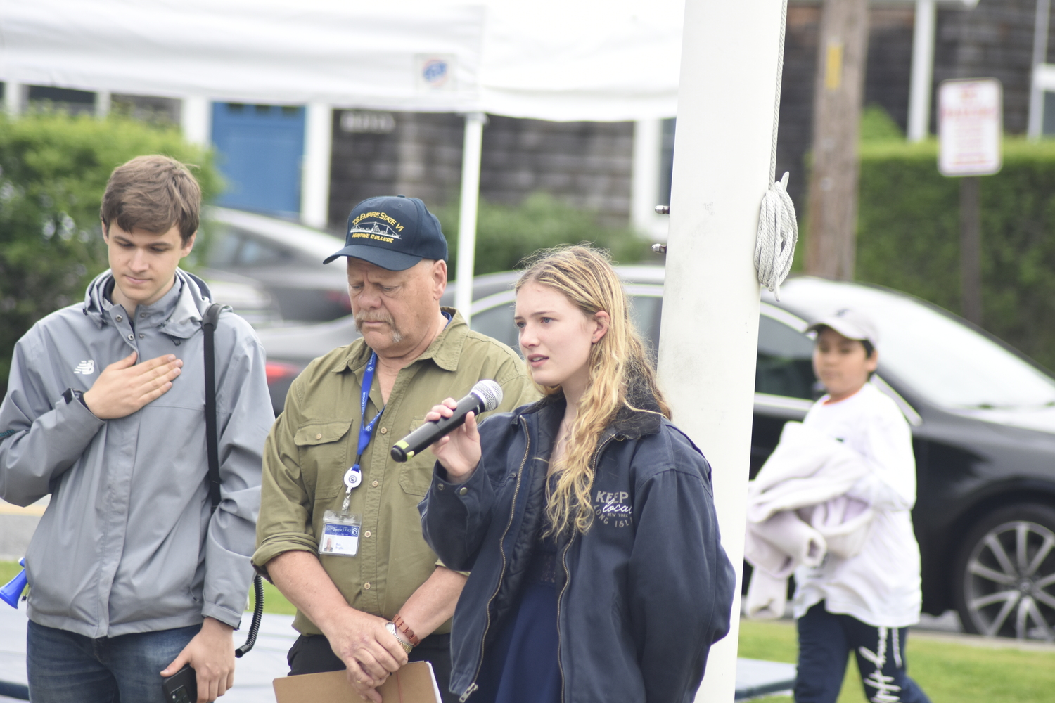 Rosalie Judd, a Westhampton Beach senior who graduated from East Quogue Elementary, sang this year's national anthem just prior to the start of this year's race.   DREW BUDD