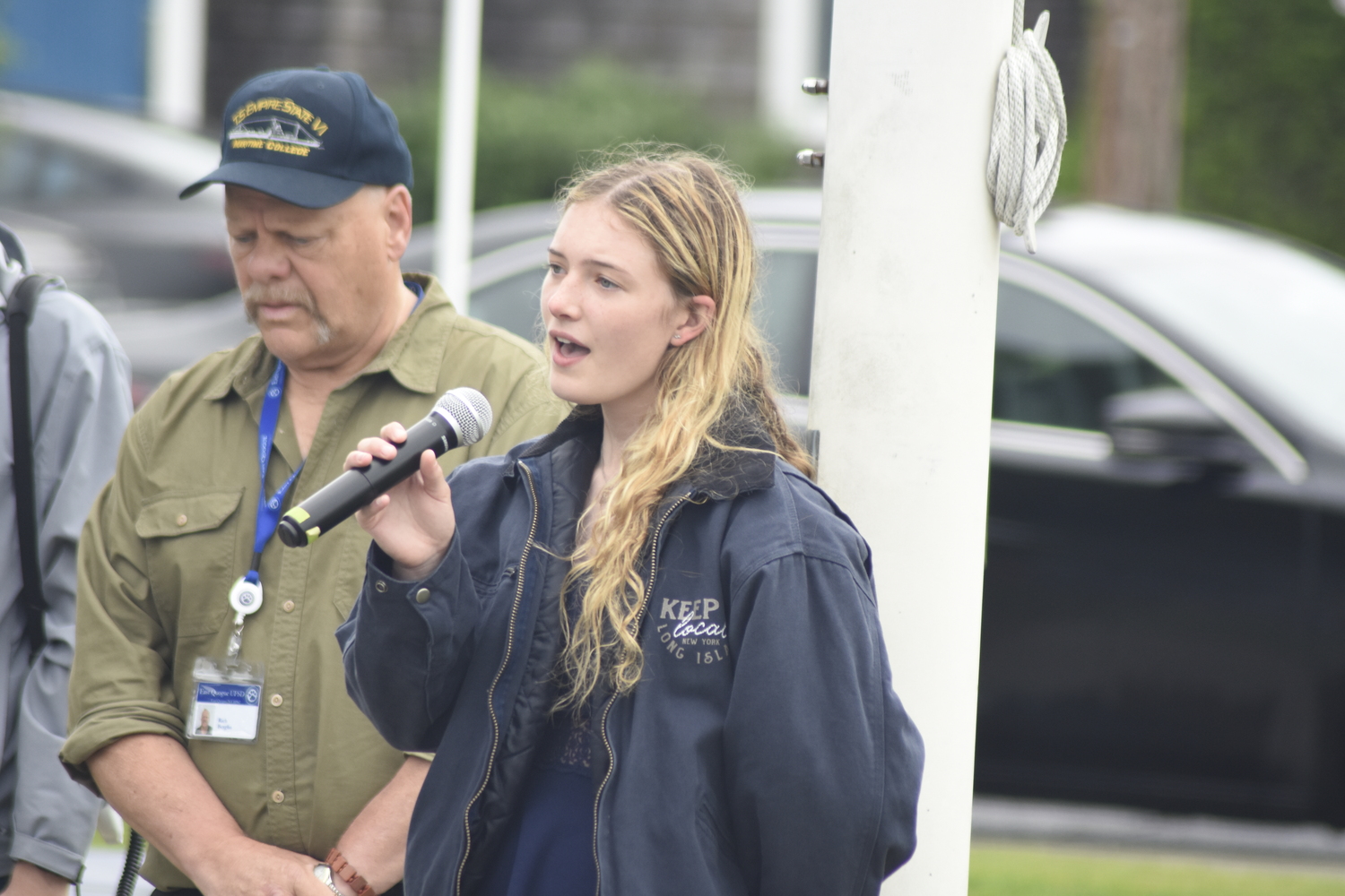 Rosalie Judd, a Westhampton Beach senior who graduated from East Quogue Elementary, sang this year's national anthem just prior to the start of this year's race.   DREW BUDD