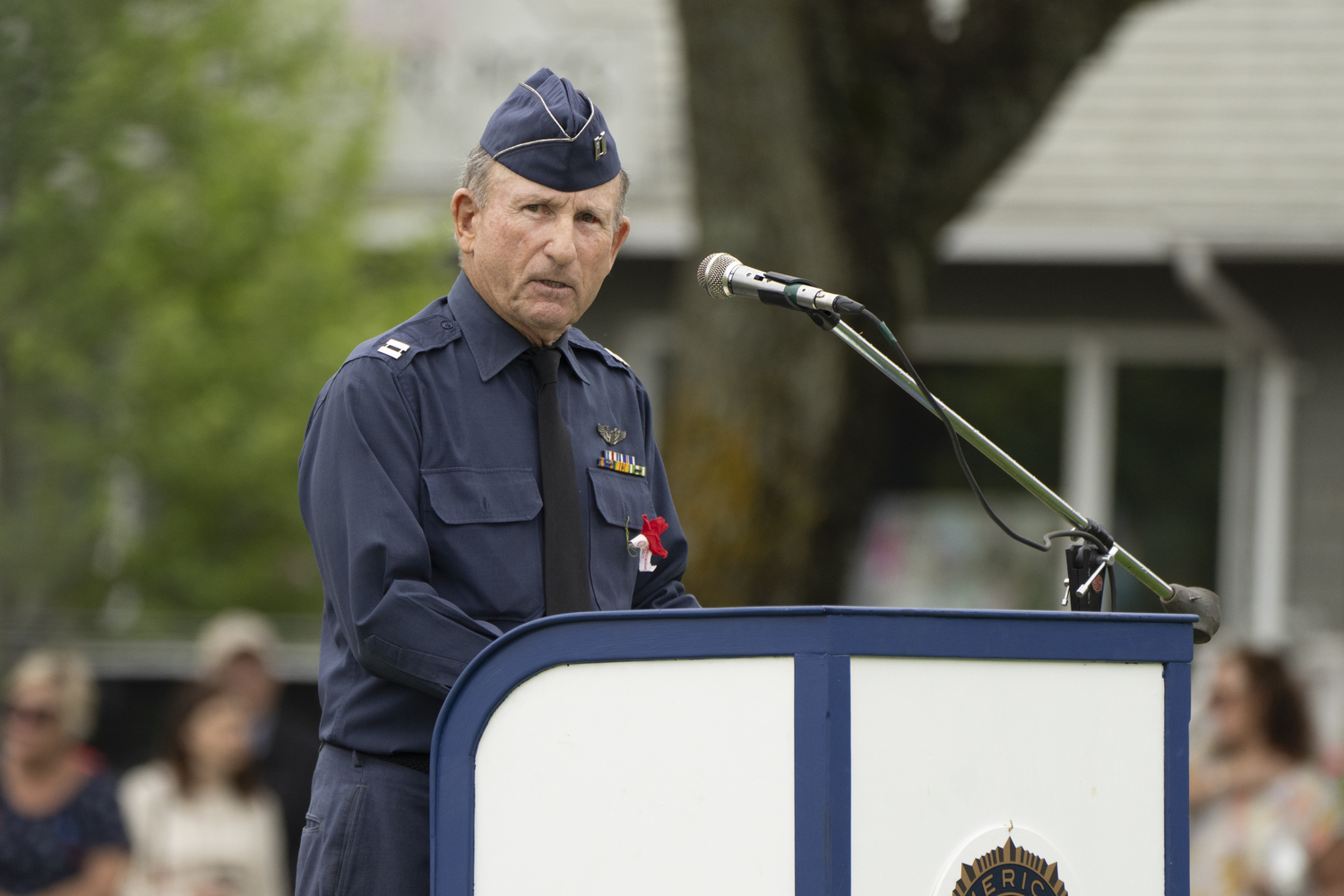Unites States Air Force veteran Paul Babcock gives the keynote address at Sag Harbor's Memorial Day observance. LORI HAWKINS