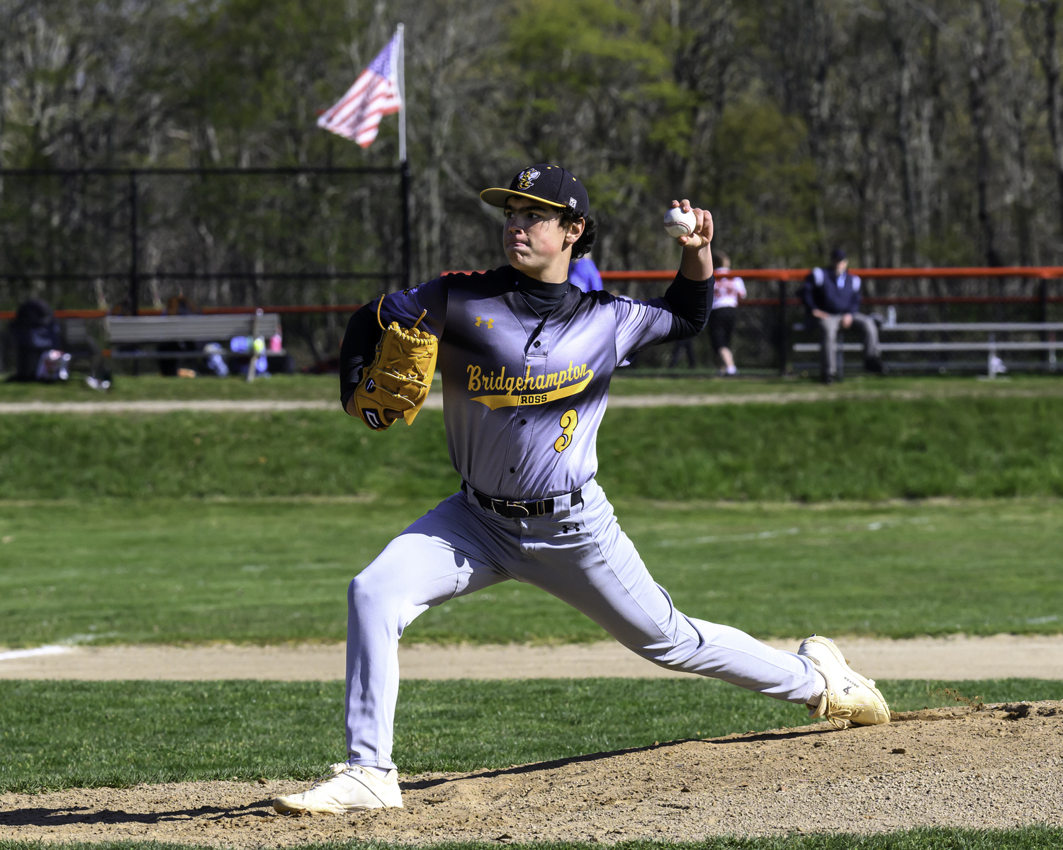 Ross freshman Elliot McGonegal pitching in the second game of the series at Mashashimuet Park in Sag Harbor on May 1.   MARIANNE BARNETT