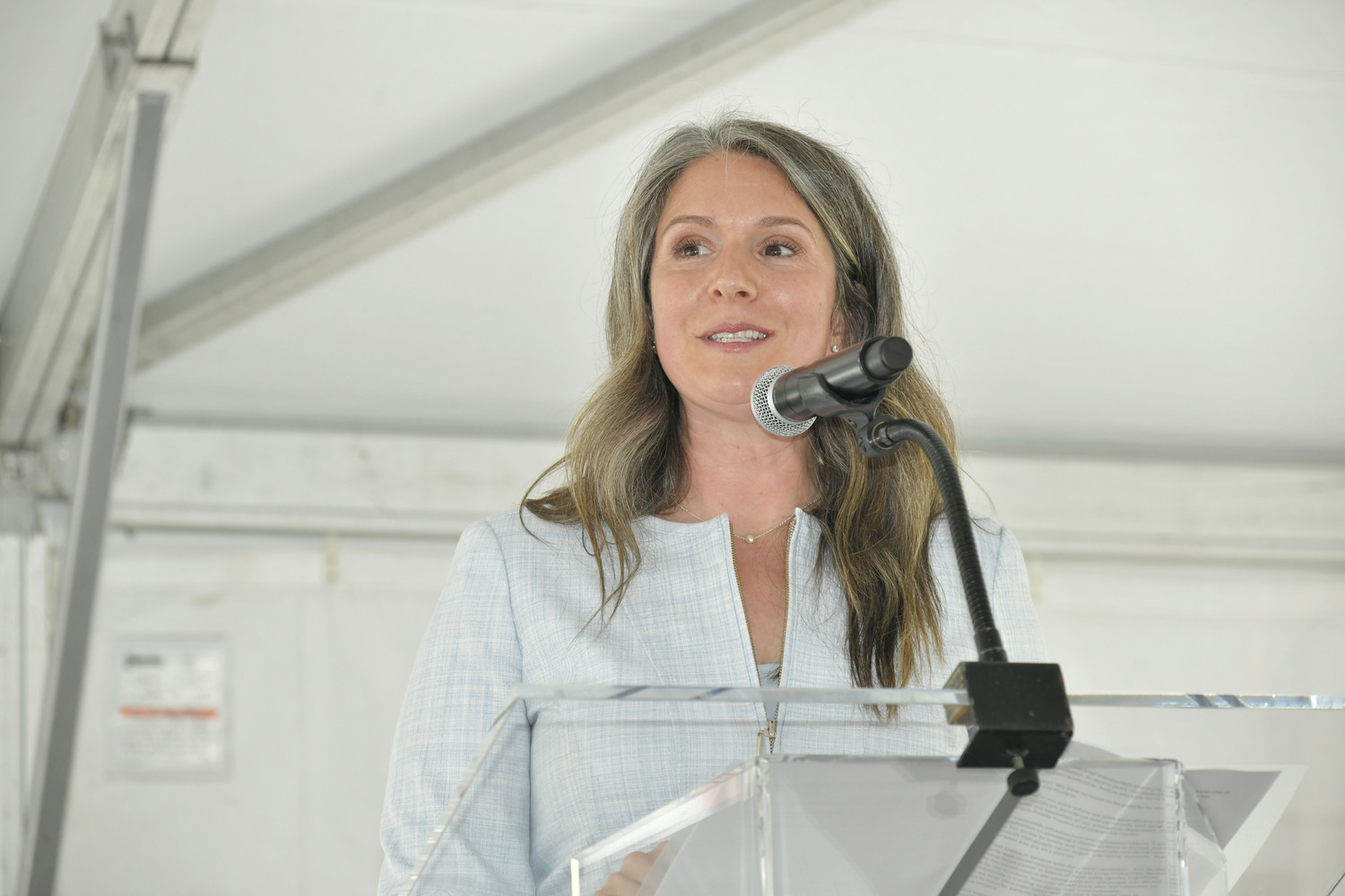 Amy Loeb, EdD, MBA, RN, executive director and president of the Peconic Bay Medical Center Foundation, at the ribbon cutting and dedication ceremony for the Poole Family Trauma and Emergency Center on May 23.  DANA SHAW