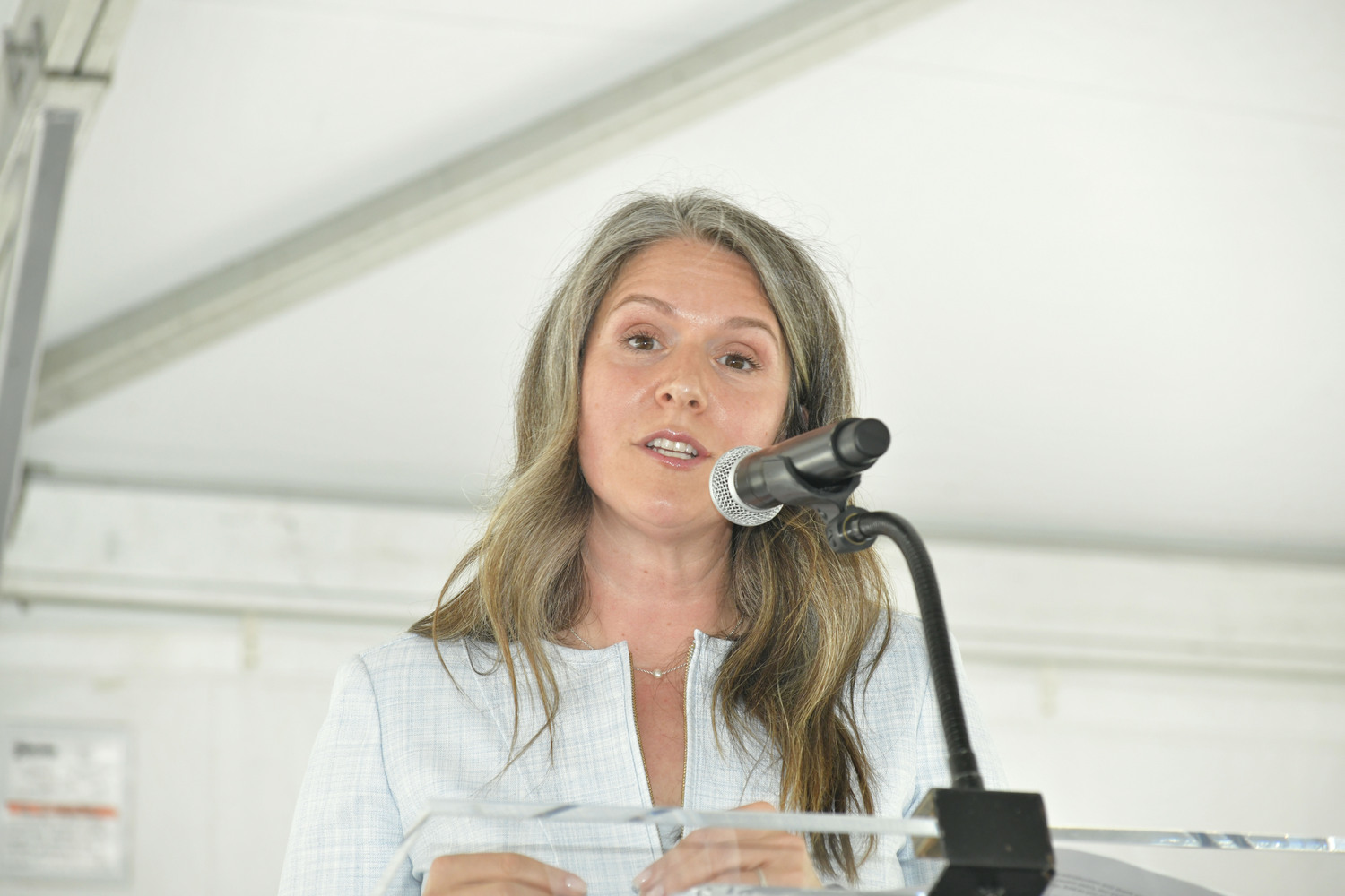 Amy Loeb, EdD, MBA, RN, executive director and president of the Peconic Bay Medical Center Foundation, at the ribbon cutting and dedication ceremony for the Poole Family Trauma and Emergency Center on May 23.  DANA SHAW