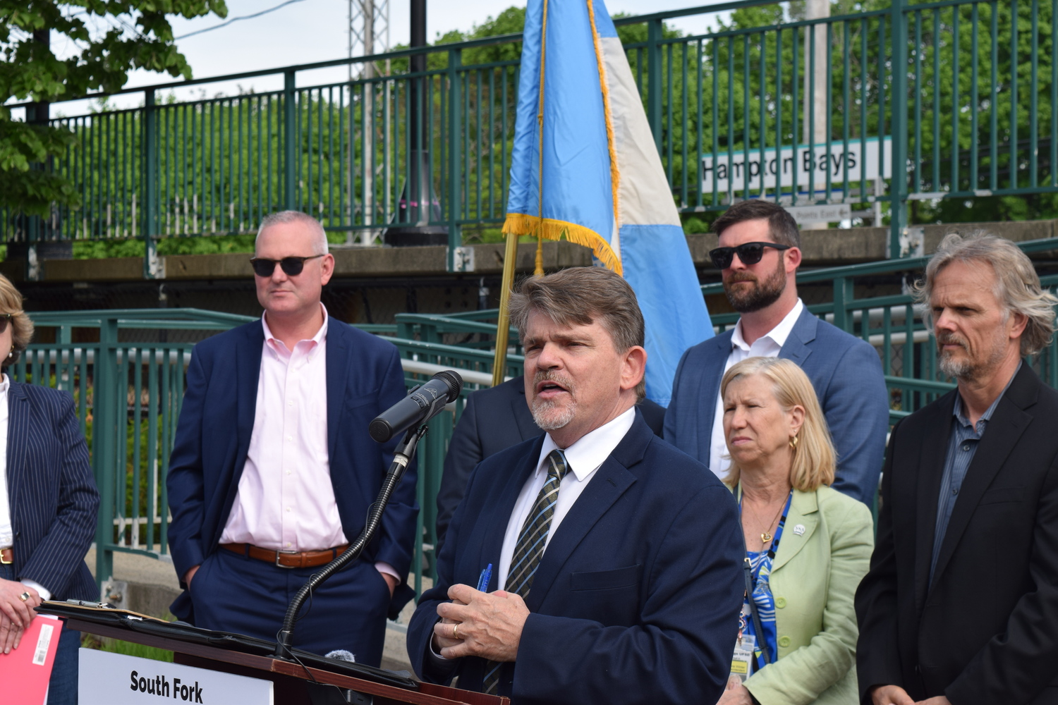 Southampton Town Councilman Tommy John Schiavoni led a rally for increased South Fork Commuter Connection service on Friday. CHRISTOPHER WALSH PHOTOS