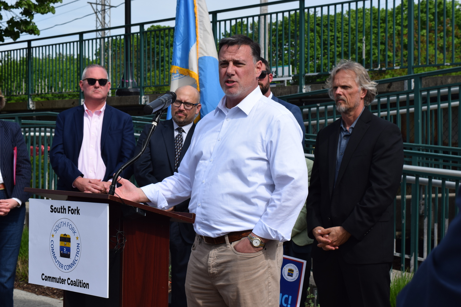 State Senator Anthony Palumbo joined the rally for increased Long Island Rail Road Service at the Hampton Bays station on Friday CHRISTOPHER WALSH PHOTOS