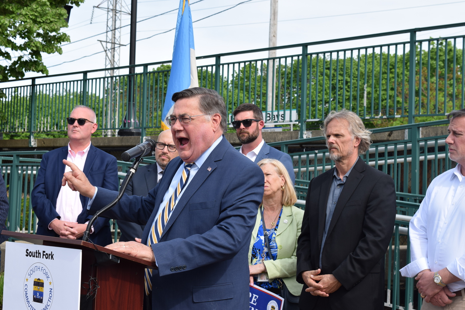 Suffolk County Executive Ed Romaine joined the rally for greater Long Island Rail Road service at the Hampton Bays LIRR station on Friday.