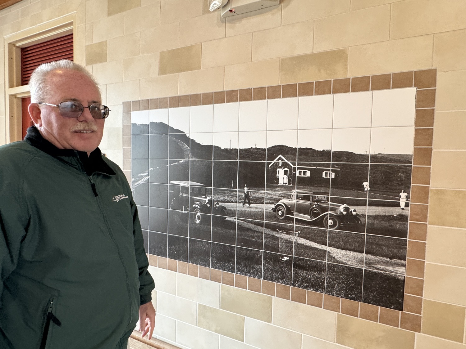 Photos of Hither Hills camp grounds in the 1940s were transposed onto the tiles of the new bath house built in the east lot of Hither Hills State Park. MICHAEL WRIGHT