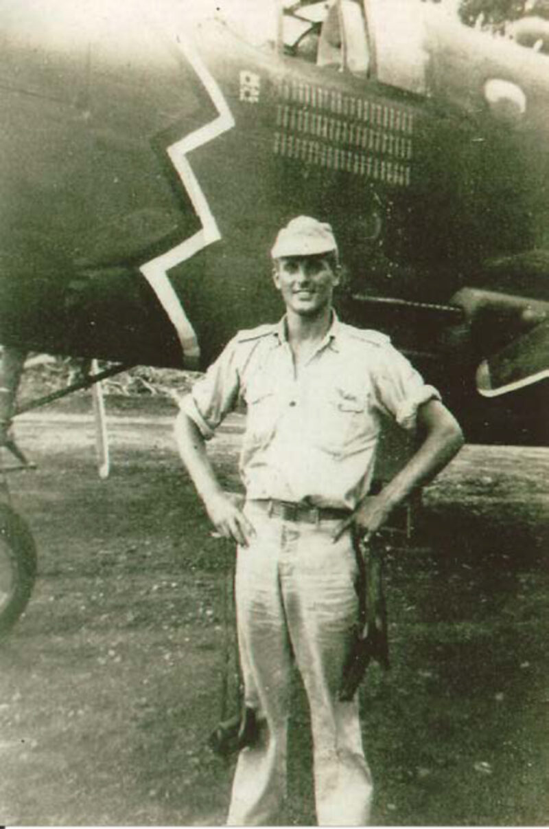 Frazer Dougherty with B-25 in New Guinea during World War II. COURTESY USA WARRIOR STORIES