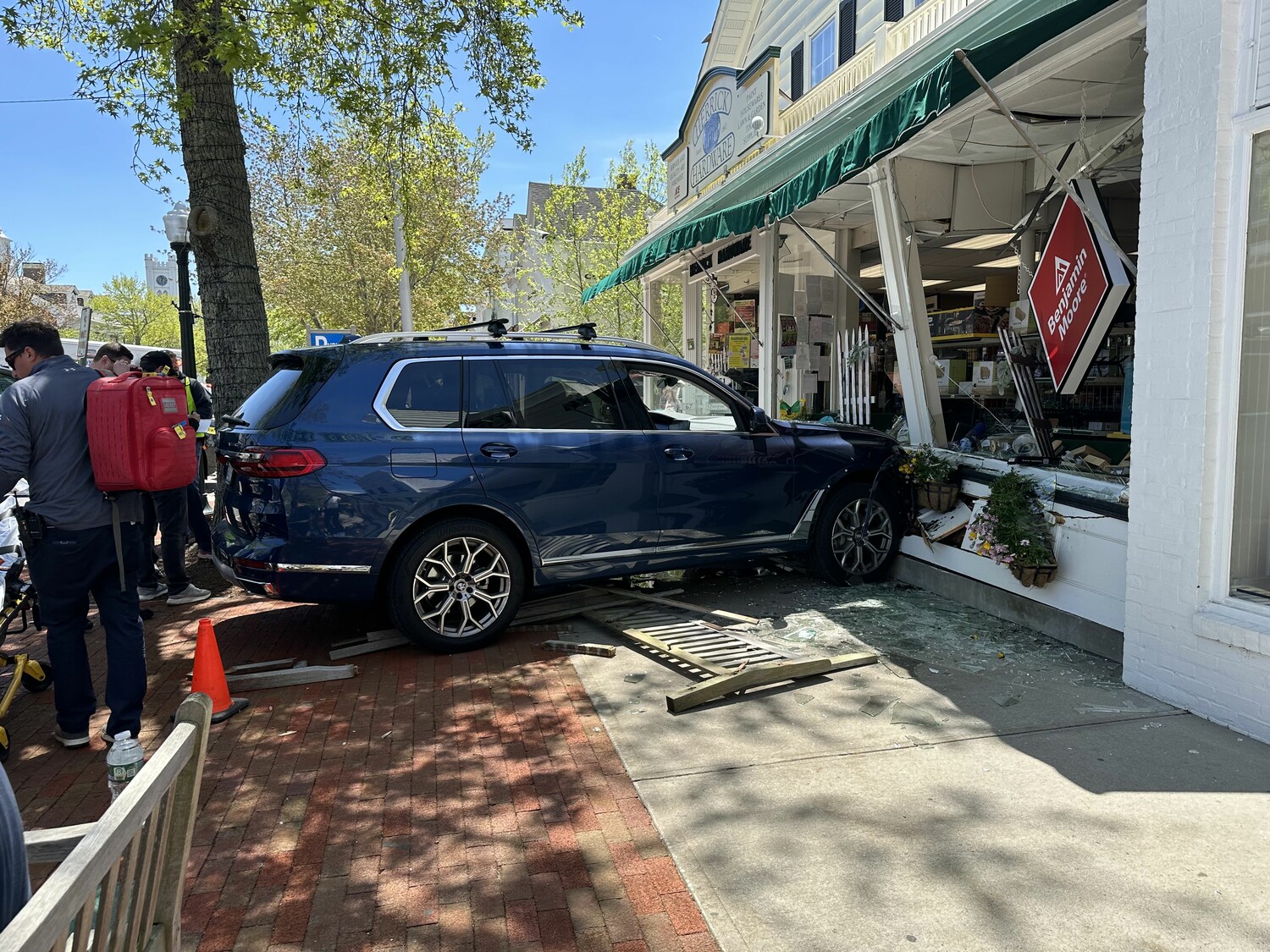 A BMW SUV crashed into the front of Herrick Hardware in Southampton on Saturday, May 11, when the driver apparently mistook the gas pedal for the brake. COURTESY SOUTHAMPTON VILLAGE POLICE