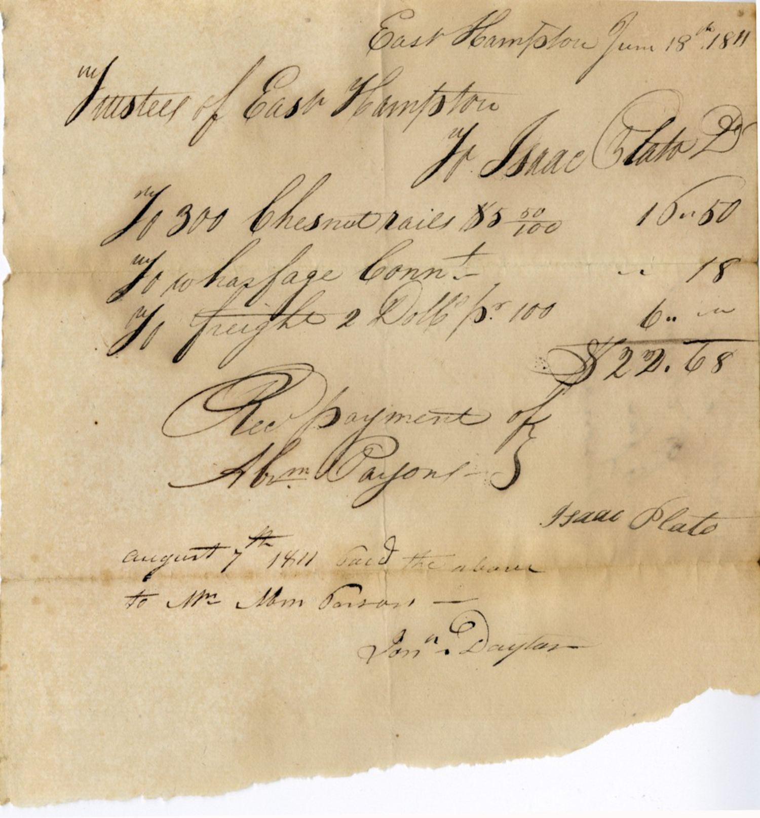 An 1811 from the Trustees of East Hampton to Isaac Plato, recording his payment for work with chestnut rails. Plato is one of several African American craftspeople who helped shape East Hampton's built environment that researcher Laini Farrare will speak about in her presentation. EAST HAMPTON LIBRARY LONG ISLAND COLLECTION