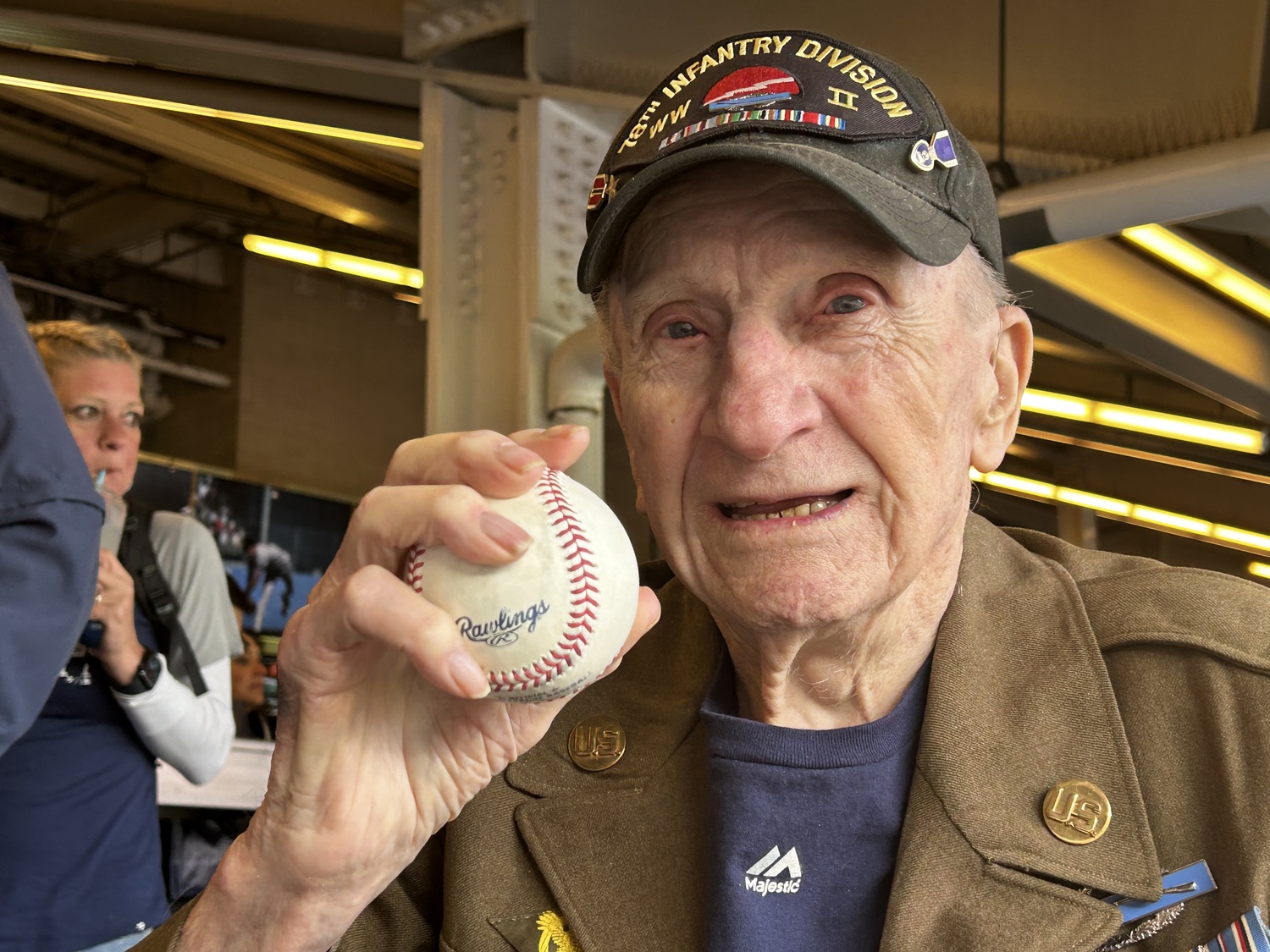 Southampton native Leo Tyborowski, now living in Connecticut, was honored at the Veteran of the Game at a Yankees game at Yankee Stadium on May 4. The soon-to-be 103-year-old earned the same designation at Citifield during a Mets game last year.  The honor this year was thanks to one of Tyborowski's friends, Bernie Dayton. COURTESY AUDREY QUINLAN