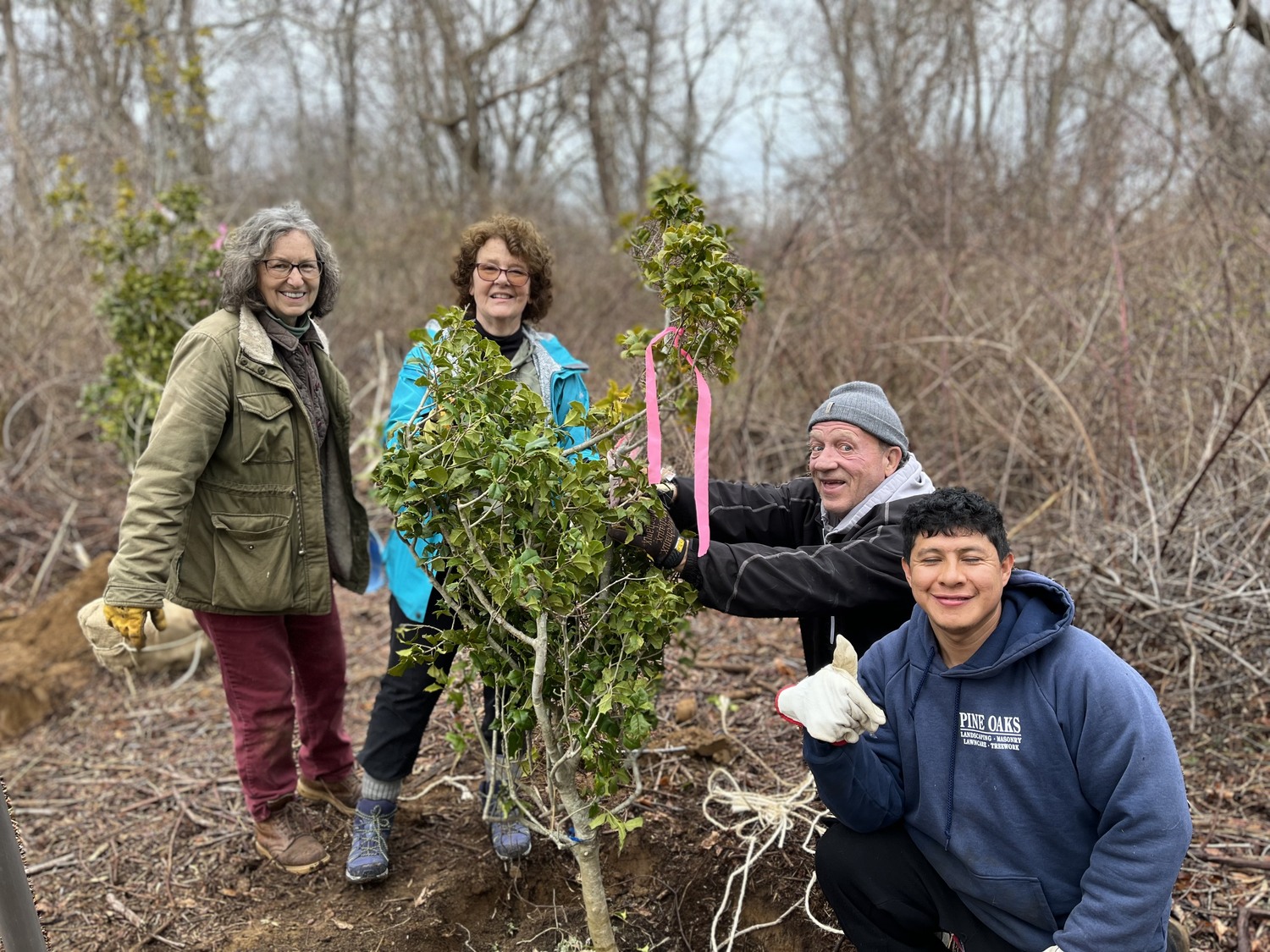 Carol Edwards, Robin Simmen, Brian Armstrong and Oscar Membrano plant holly trees in March.