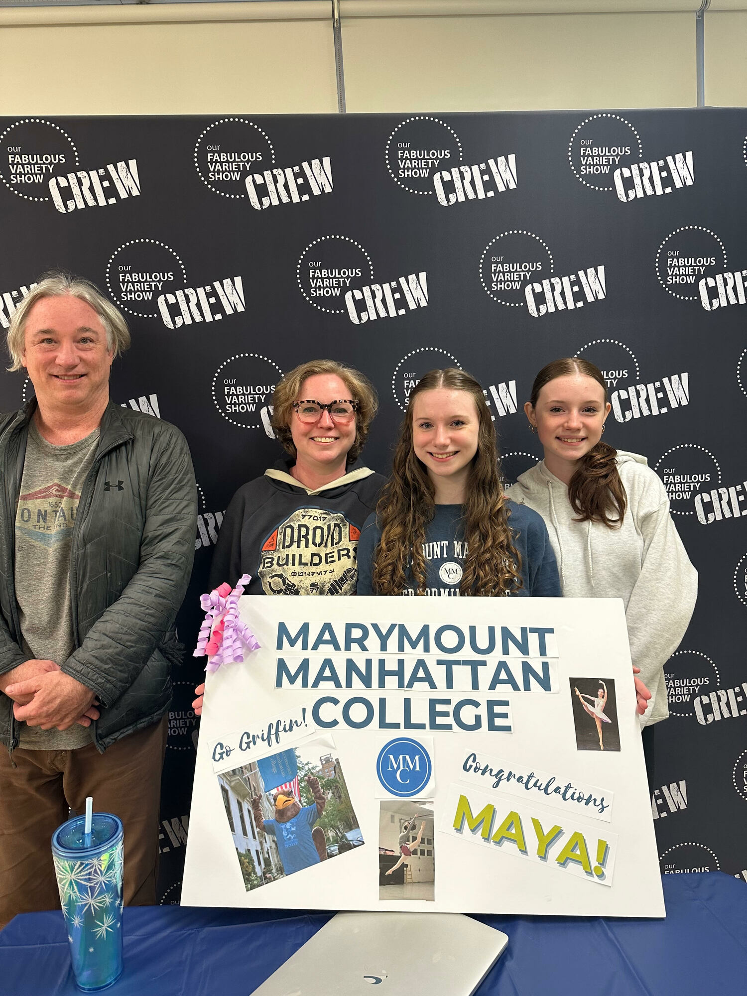 Last Tuesday, Maya Leathers, second from right, committed to Marymount Manhattan College — where she will be majoring in dance with a concentration in media or child development — while at her weekly advanced tap class at Our Fabulous Variety Show in East Hampton. Leathers, an East Hampton resident who has been studying ballet and other forms of dance since she was a small child, was joined by her father, Chris Leathers, her mother, Jennifer Van Arsdale and her sister, Zoe.  COURTESY ANITA BOYER
