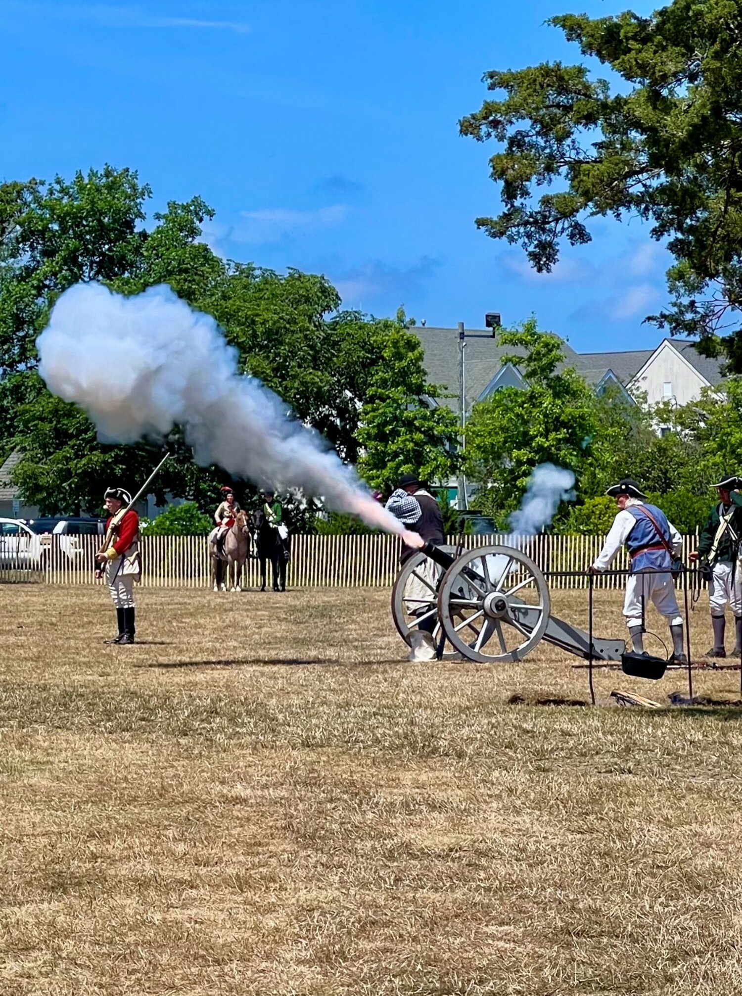 A July 2023 reenactment of a Revolutionary War battle conducted by the Ancient & Honorable Order of the Flemington Militia on the Great Lawn in Westhampton Beach. COURTESY GREATER WESTHAMPTON MUSEUM SOCIETY