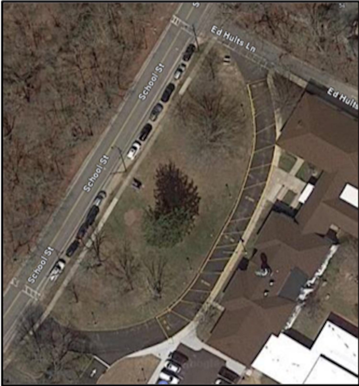 An aerial view of Springs School's bus loop off School Street.