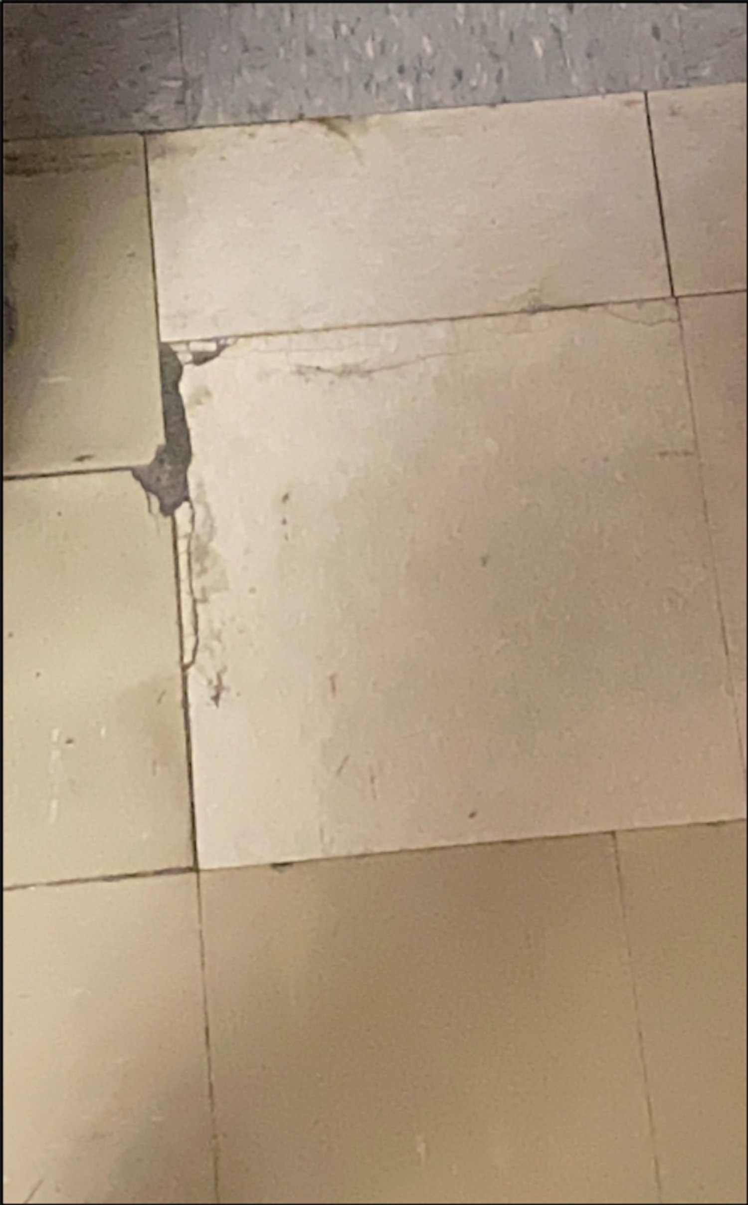 Cracked tiles reveal asbestos in Springs School's faculty room.