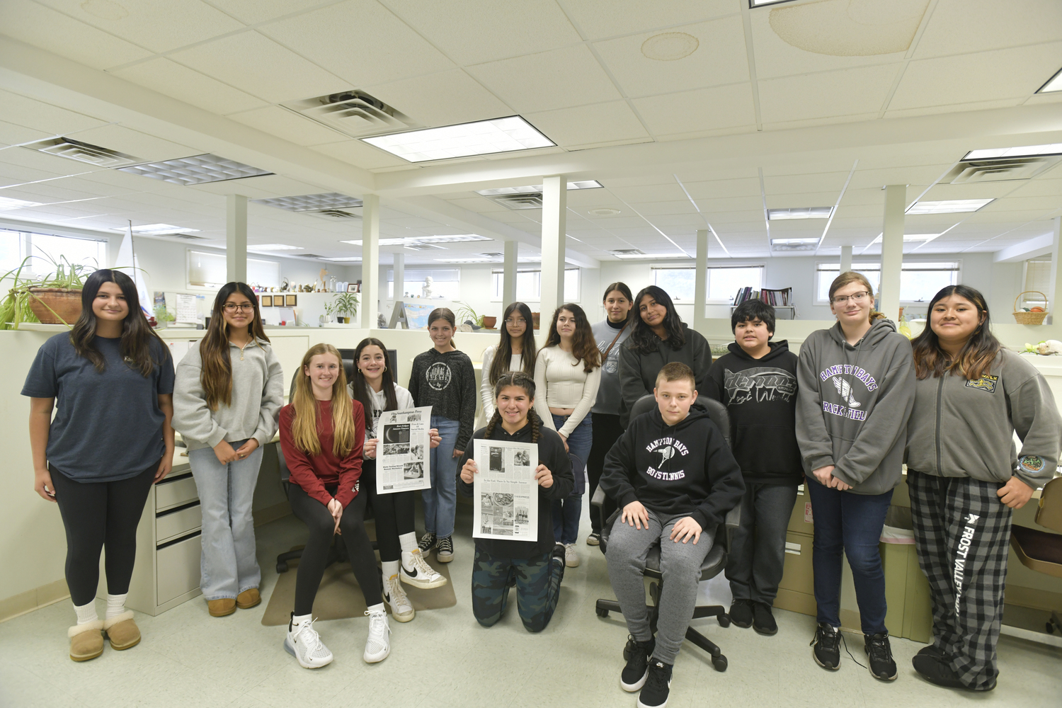 Hampton Bays Middle School students visited  Express News Group offices on May 3 as part of their News Literacy elective class. Students  learned about the importance of local journalism and verifying information. Joe Shaw, the Executive Editor, took the students on a tour of the facility and led a discussion on the role of news reporting in modern society, with several members of the staff facilitating conversation with the students. Students were also given a newsroom simulation activity, where they edited their own op-ed articles, selected artwork to accompany their articles, and worked in the production department to layout their own version of The Southampton Press. The start-to-finish process gave students insight into the real-life decision making that goes into working for a newspaper.  DANA SHAW