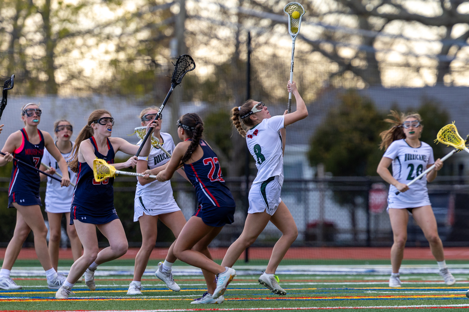 Sophomore attack Ava Derby grabs the ball off the draw during Westhampton Beach's 11-5 win over Miller Place April 24. RON ESPOSITO