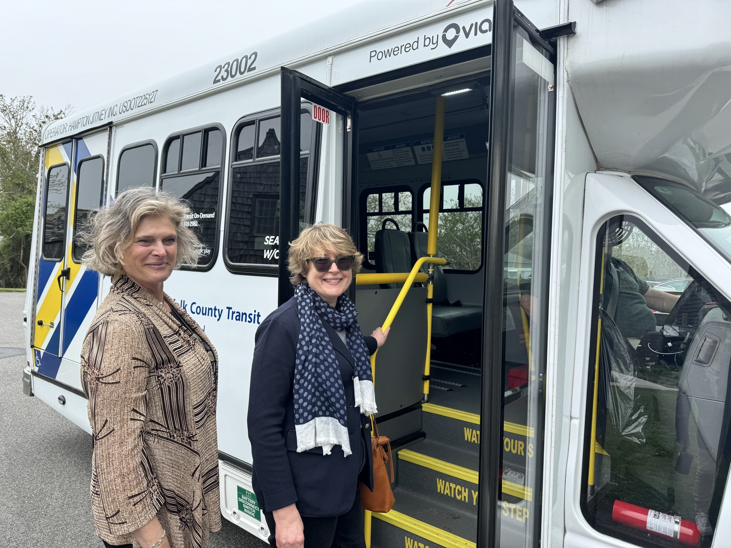 Suffolk County Legislator Ann Welker, who took a ride on the new on-demand bus last week with East Hampton Town Supervisor Kathee Burke-Gonzalez, said that county officials are working on ways to address the morning rush hour demand that has overwhelmed the system and left rider frustrated at not being able to schedule a bus in time to get them to work. MICHAEL WRIGHT