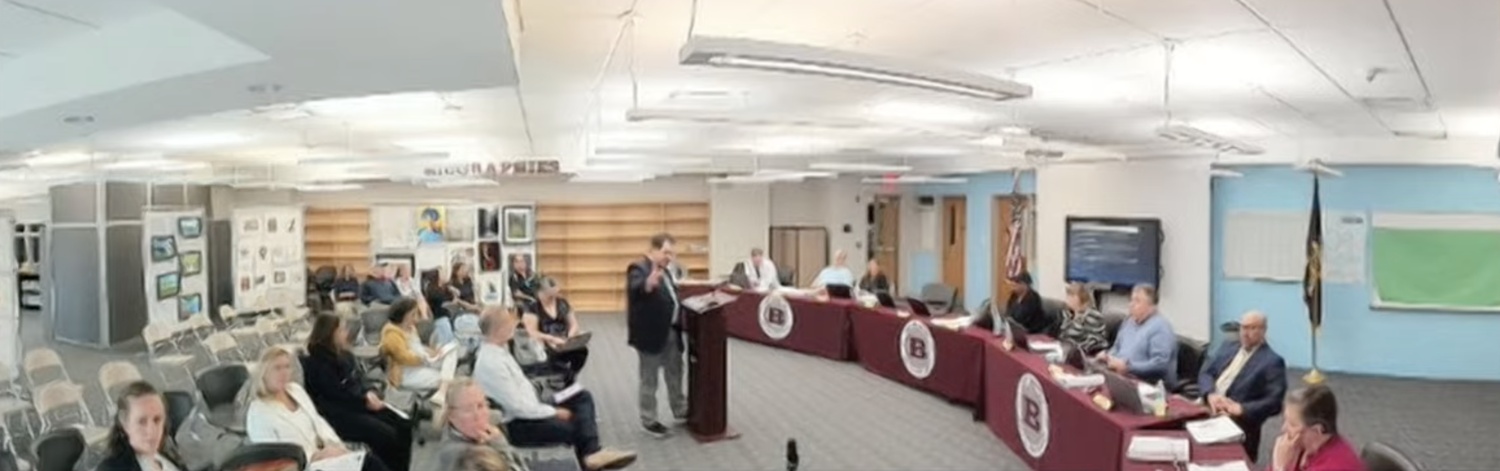 East Hampton Assistant Superintendent for Business Sam Schneider discusses tax implications of the proposed 2024-25 school year budget during a hearing May 7.