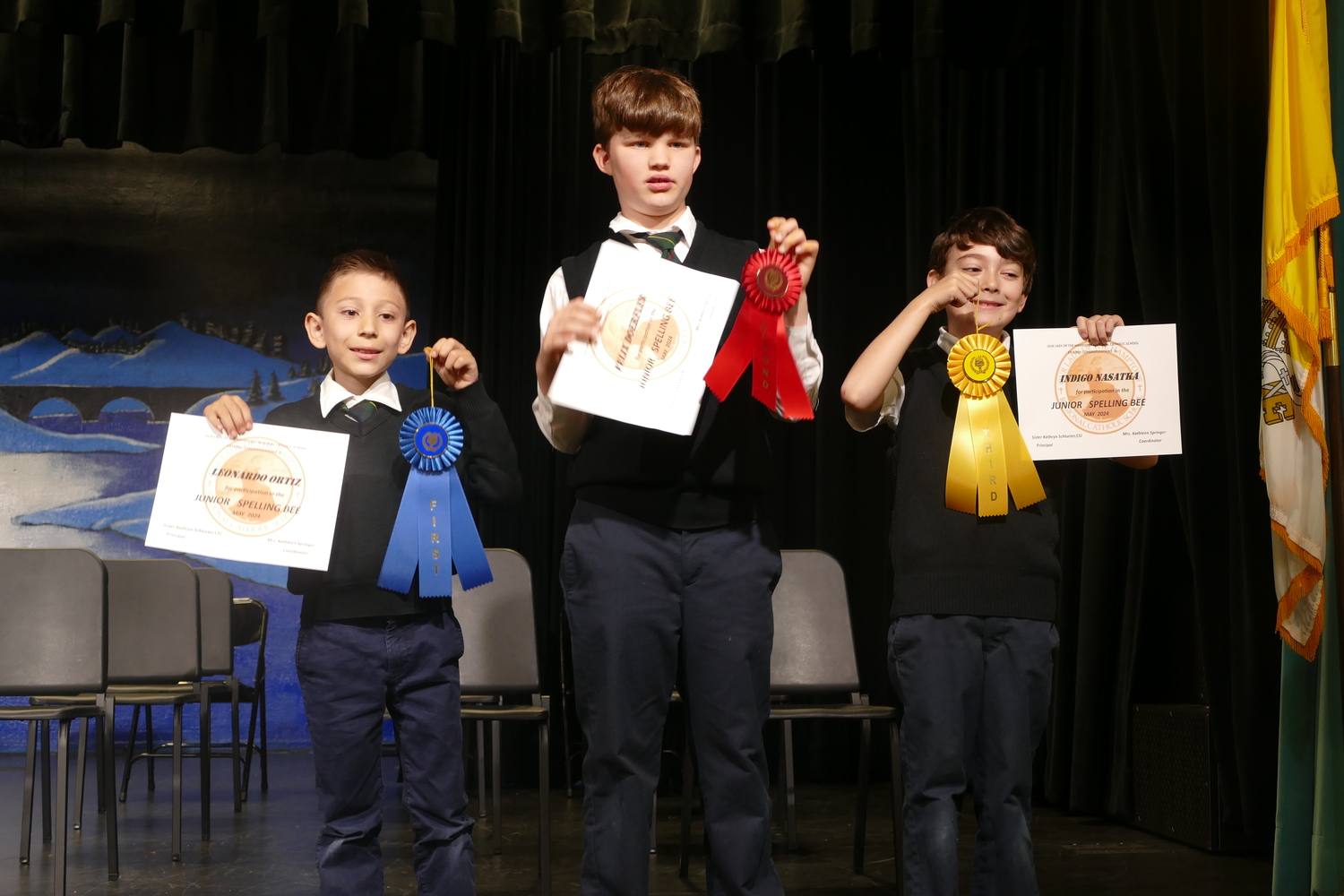 The winners of the recent Our Lady of the Hamptons School junior spelling bee were, from left, Leonardo Ortiz, Felkix Doerfler and Indigo Nasatka. COURTESY OUR LADY OF THE HAMPTONS SCHOOL