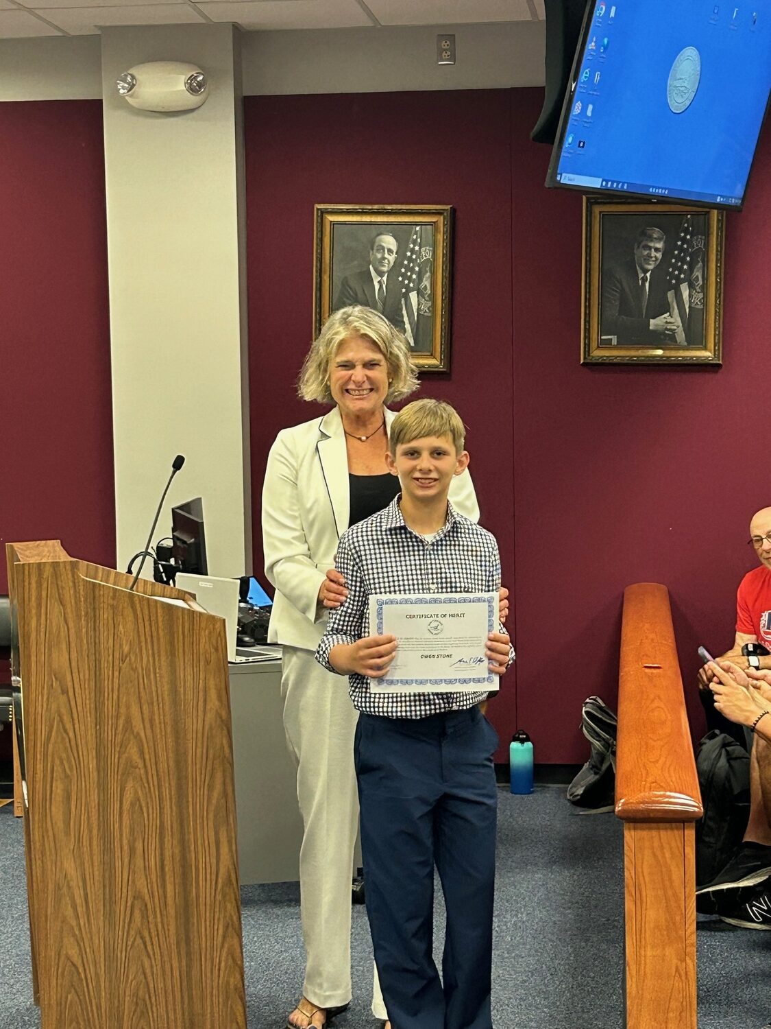East Quogue Elementary School sixth-grader Owen Stone received a proclamation, presented by Legislator Ann Welker, from the Suffolk County Legislature on June 25 in Riverhead. He was honored for having been the sixth grade winner in the Brookhaven National Laboratory Elementary Science Fair. Owen’s project was titled, “Can common food help grow potatoes?” COURTESY EAST QUOGUE SCHOOL DISTRICT