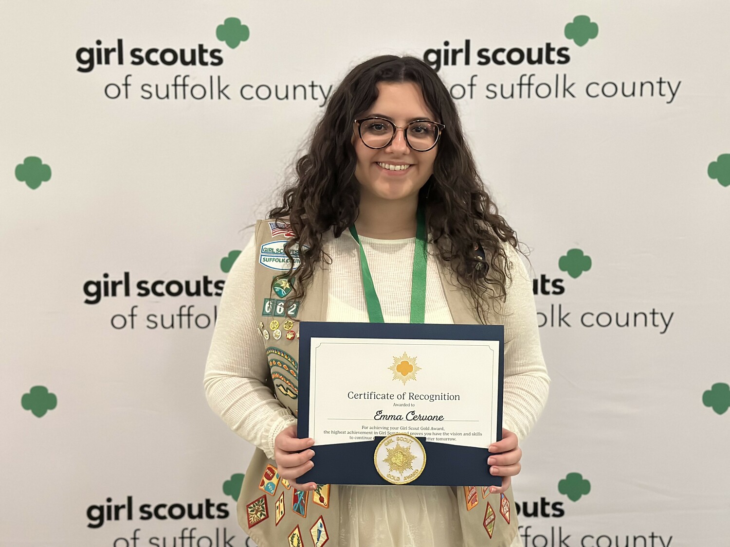 Emma Cervone receiving her Gold Award from the Girl Scouts of Suffolk County.