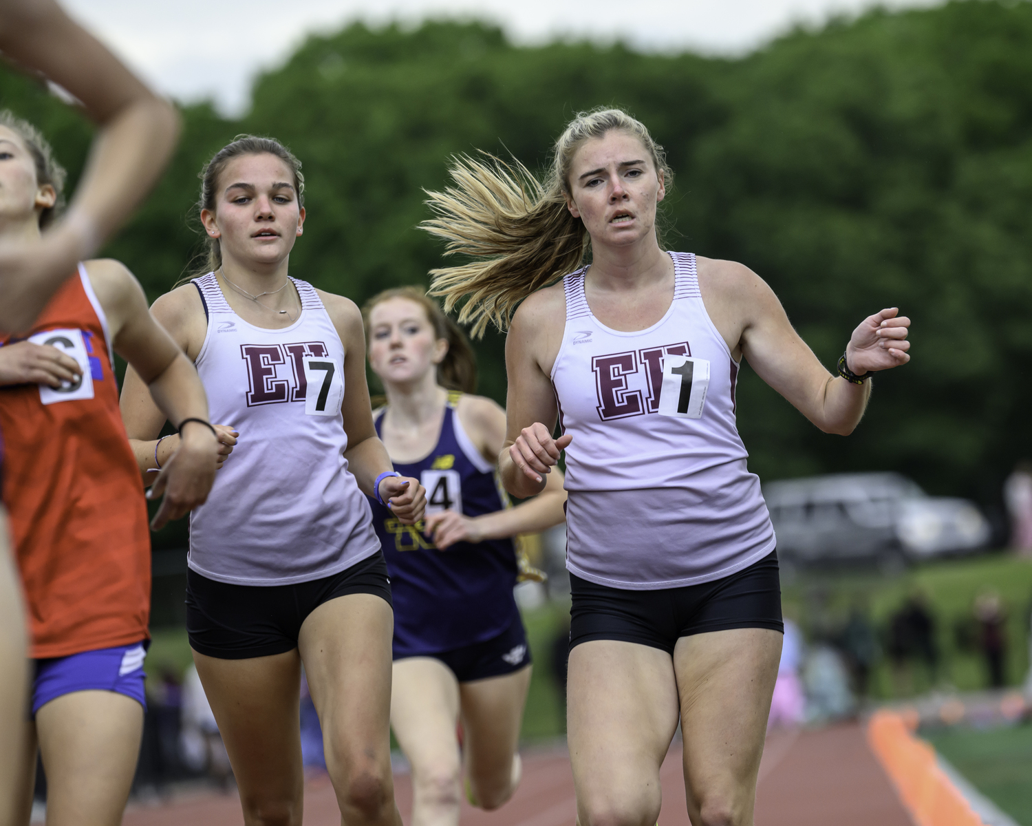 Bonac teammates Greylynn Guyer, left, and Ryleigh O'Donnell competing in the 800-meter race together.  MARIANNE BARNETT