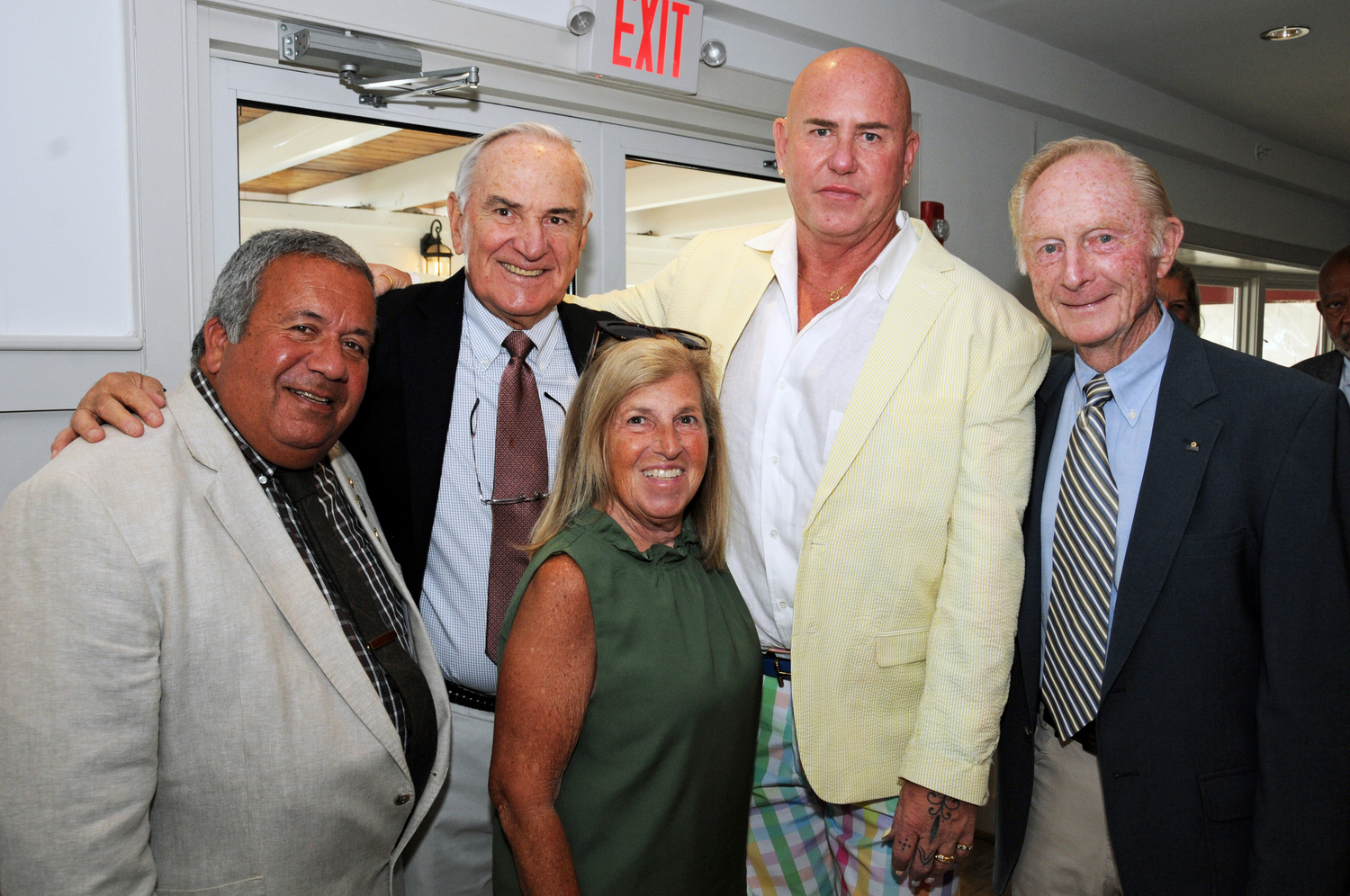 Carmine Marino, Richard Schoen, Joyce Marino, Jim Wright and Joseph Dryer, from the Montauk Fire Department, at the Montauk Lions Club Lake Club Dinner on June 20.  RICHARD LEWIN