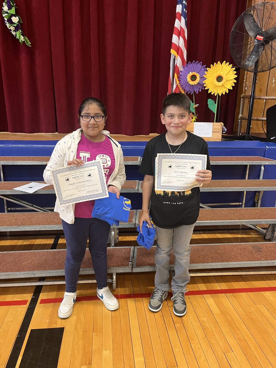 Southampton Elementary School students Magaly Cuamatitla Perez and Kevin Ramirez were recently presented with Student Leadership Awards from the New York State Association for Health, Physical Education, Recreation and Dance. The students earned the recognition for displaying leadership attributes in their physical education classes and being positive role models for their classmates. COURTESY SOUTHAMPTON SCHOOL DISTRICT