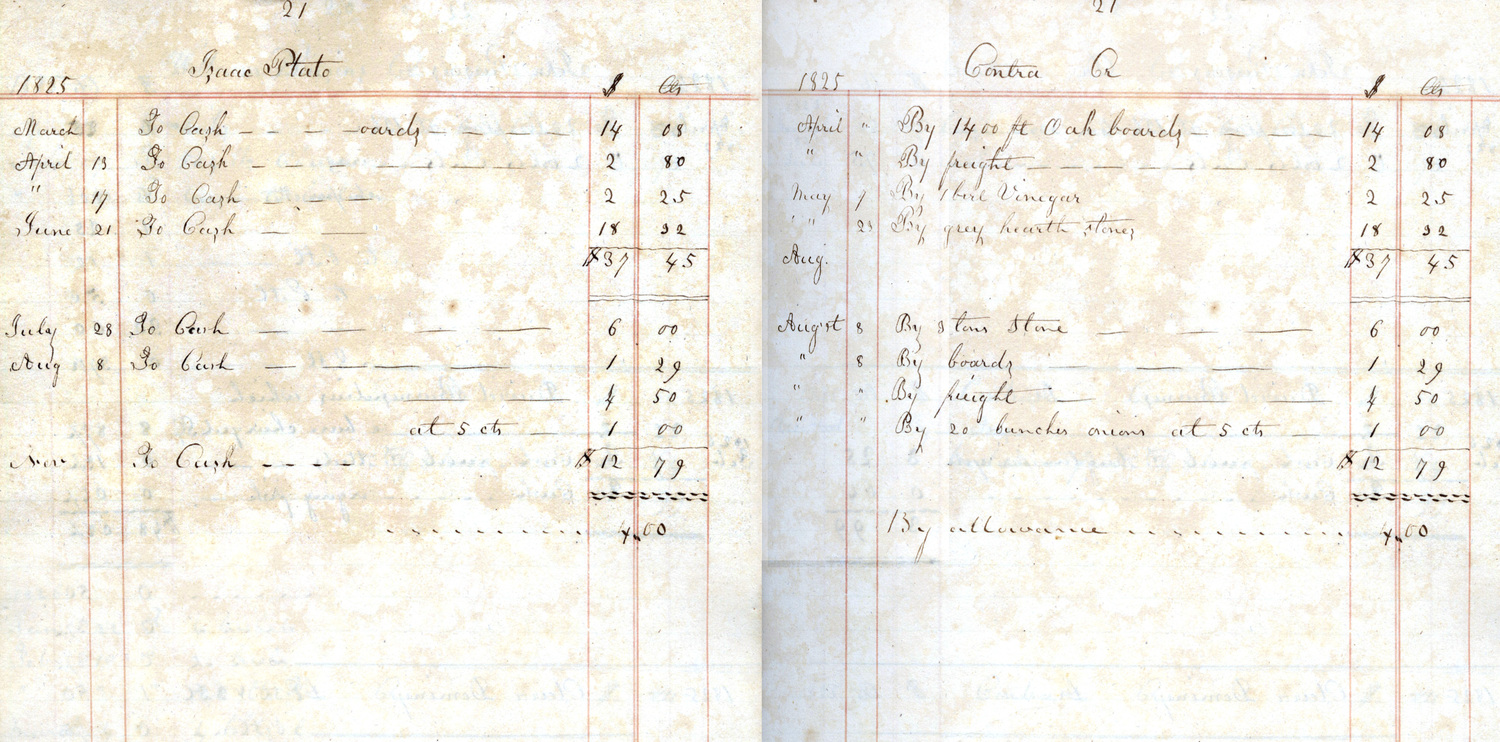 David Gardiner's ledger, which showcases transactions with Isaac Plato, a key figure in Farrare's research.  COURTESY OF EAST HAMPTON LIBRARY LONG ISLAND COLLECTION
