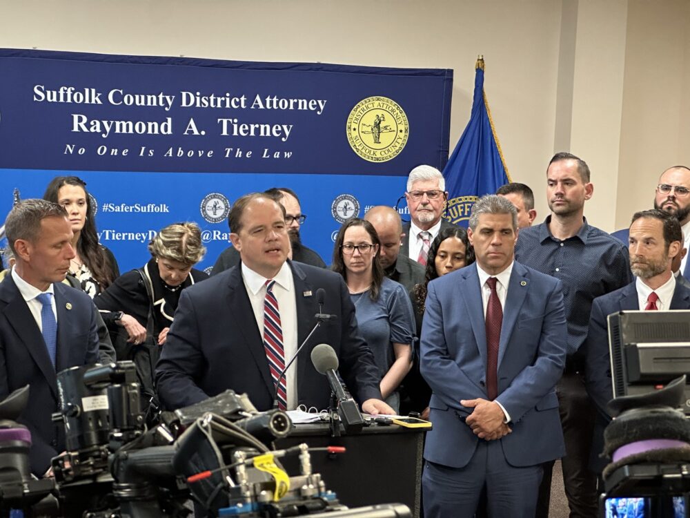 Suffolk County District Attorney Raymond Tierney announcing the new charges against Gilgo serial killer suspect Rex Heuermann, charging him with a 1993 murder of a woman whose body was found near Fish Cove in North Sea and another woman whose body was found in Manorville in 2003. BRENDAN O'REILLY
