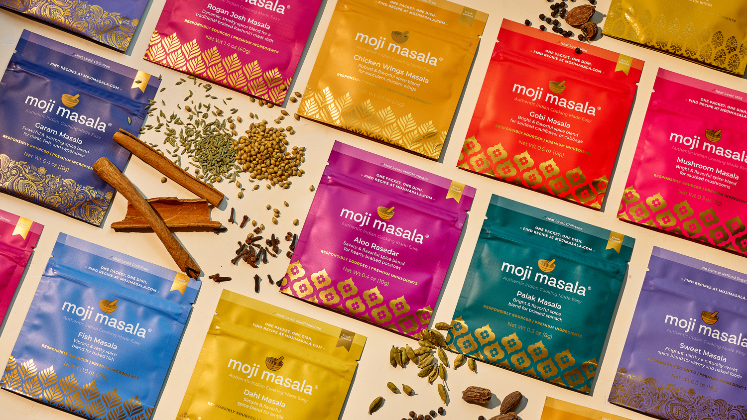 A selection of Moji Masala spice packets. COURTESY MOJI MASALA