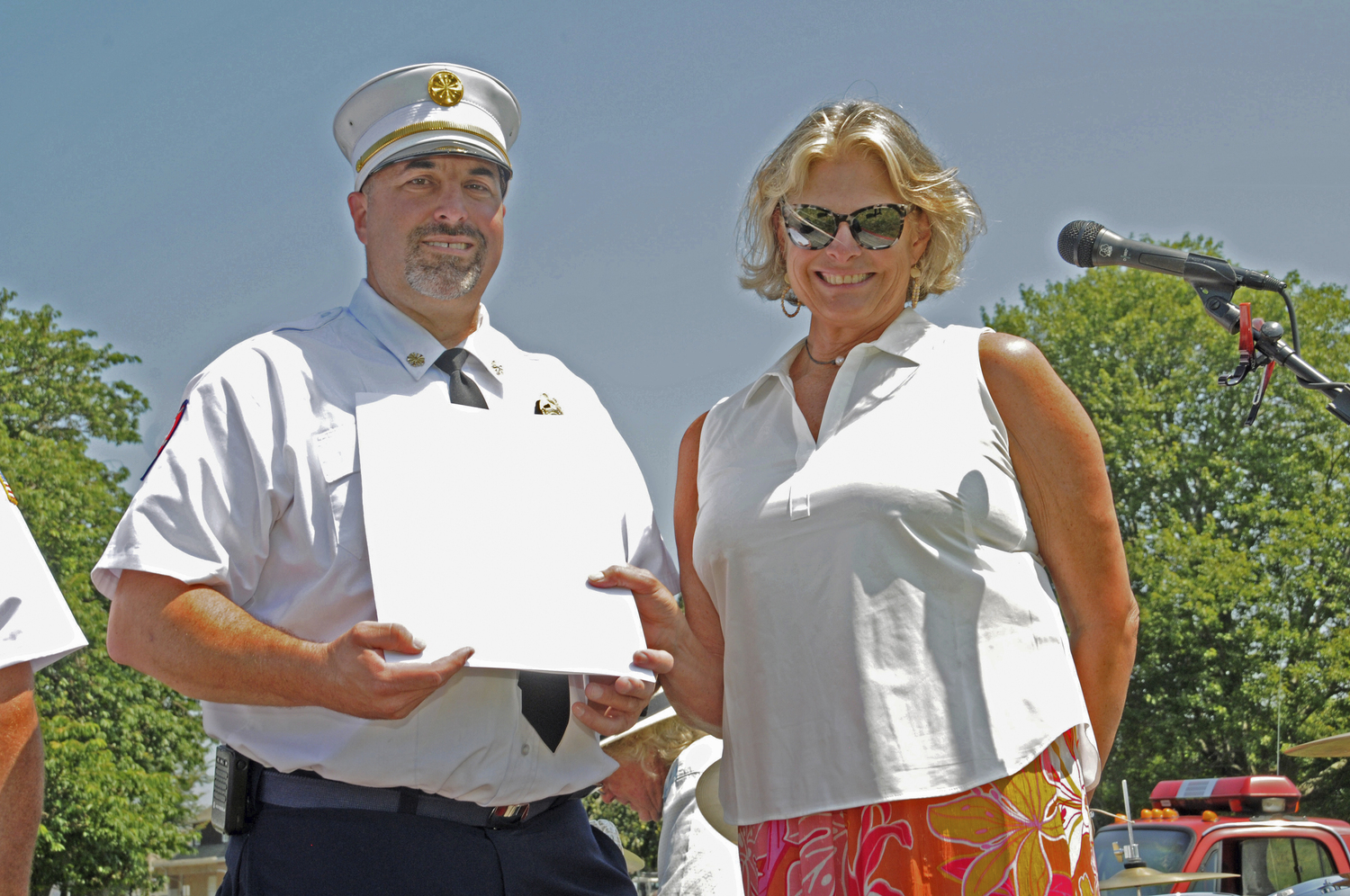 East Hampton Fire Department Chief Duane Forrester with Suffolk County Legislator Ann Welker.  RICHARD LEWIN