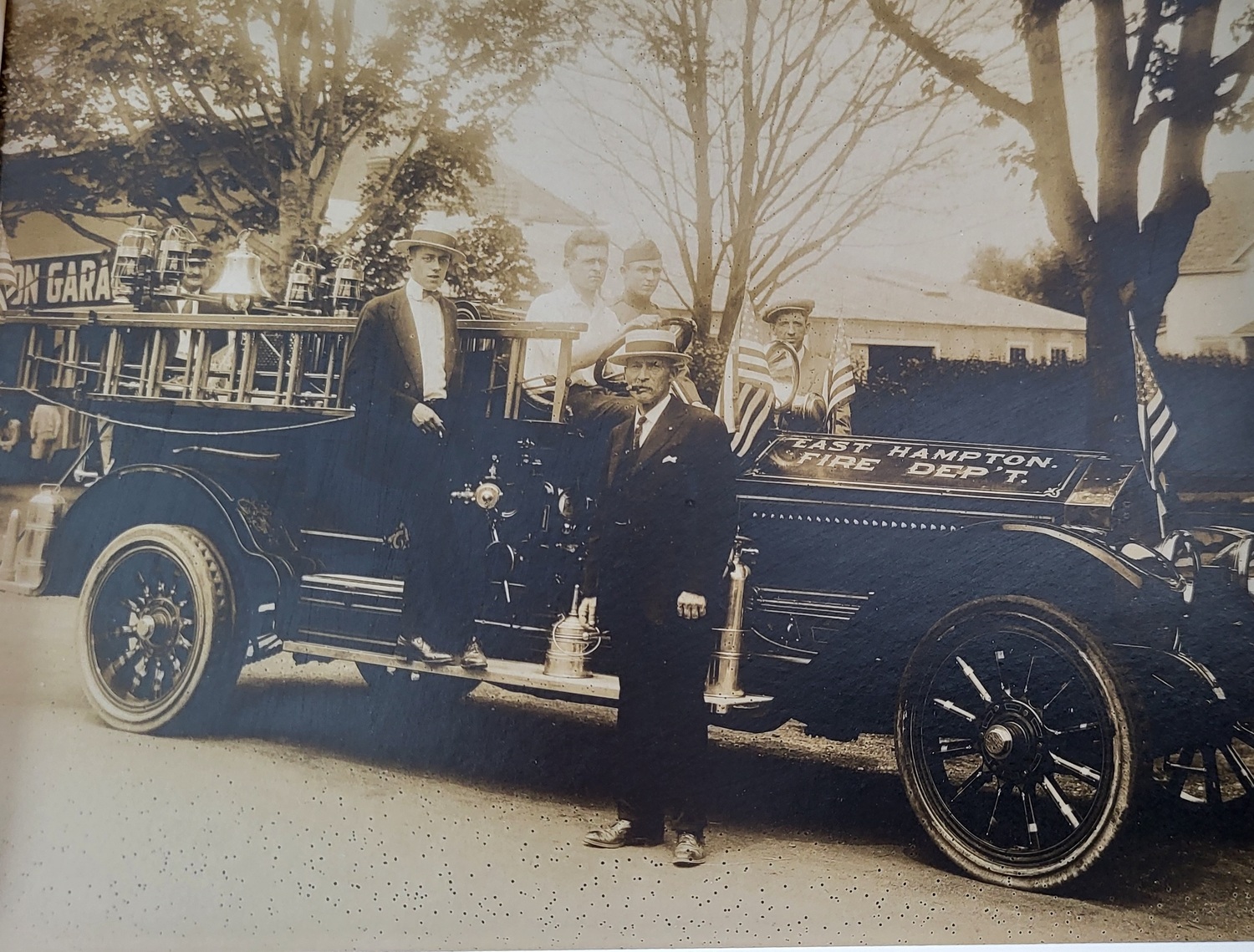 Chief Felix Dominy stands before Company 4's George L. Davis, Ed Huntington, Dick Corwin, Harry Parsons and James Wilds in 1920. EAST HAMPTON FIRE DEPARTMENT