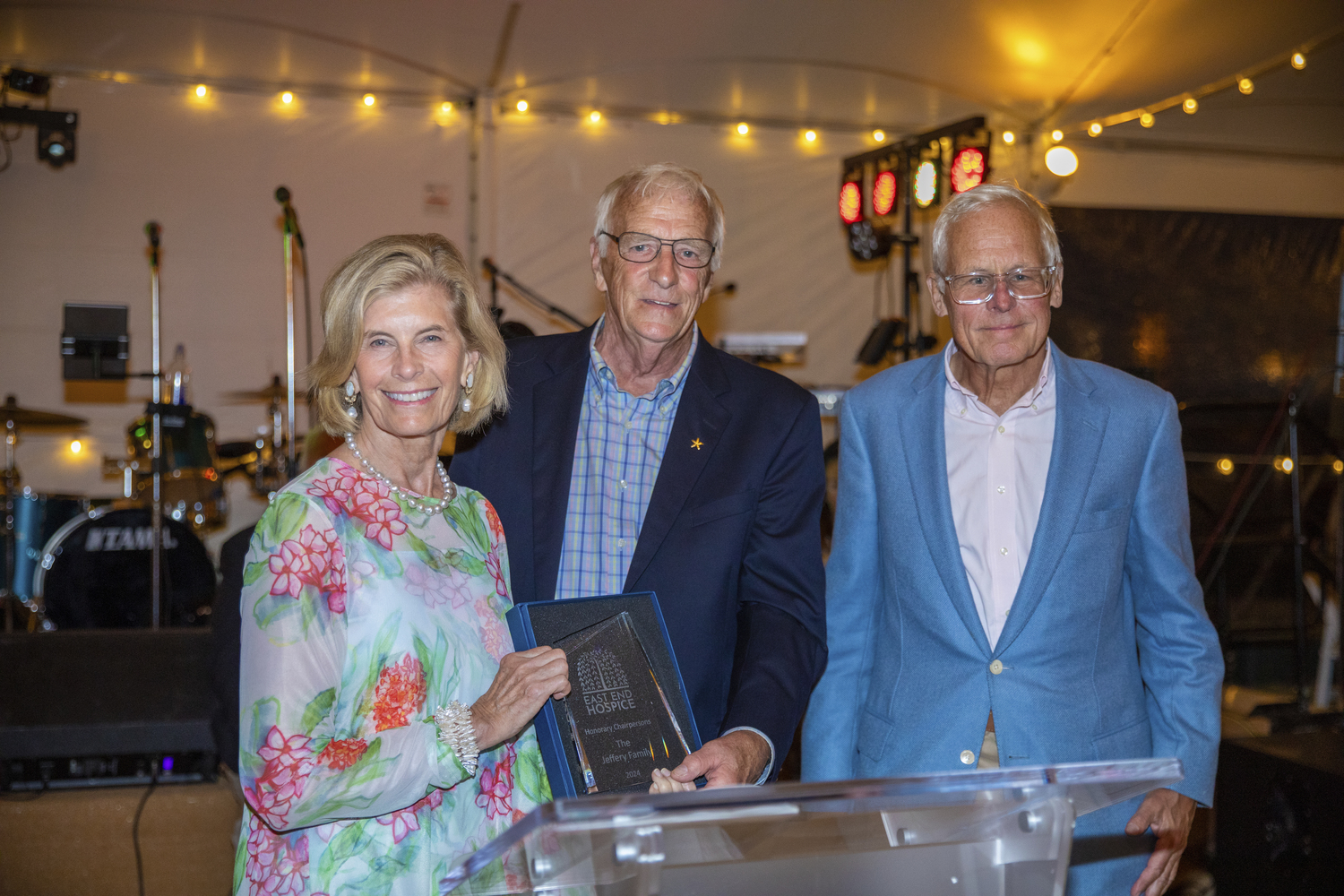 Robin and Reuben Jeffery, with Chairperson Peter Halstead, center, at the East End Hospice Seaside Soiree Summer Gala on June 29 in Quogue.   BARBARA LASSEN