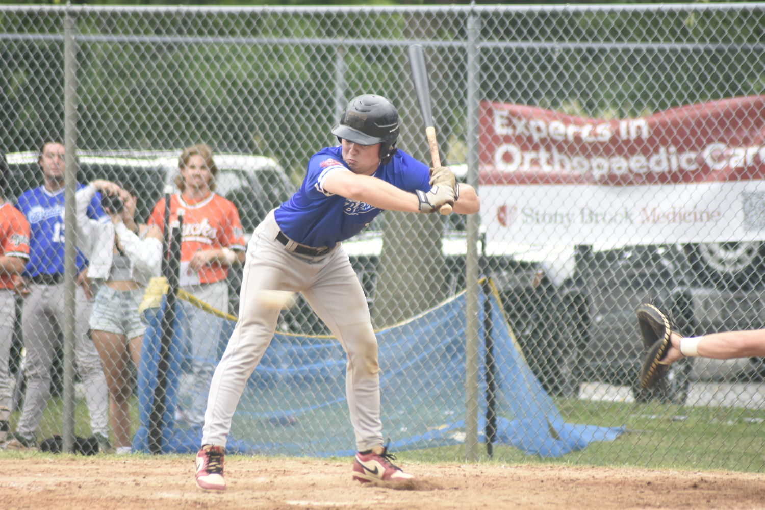 Southampton Breaker Ty Gilligan (Dominican) dodges an inside pitch.  DREW BUDD