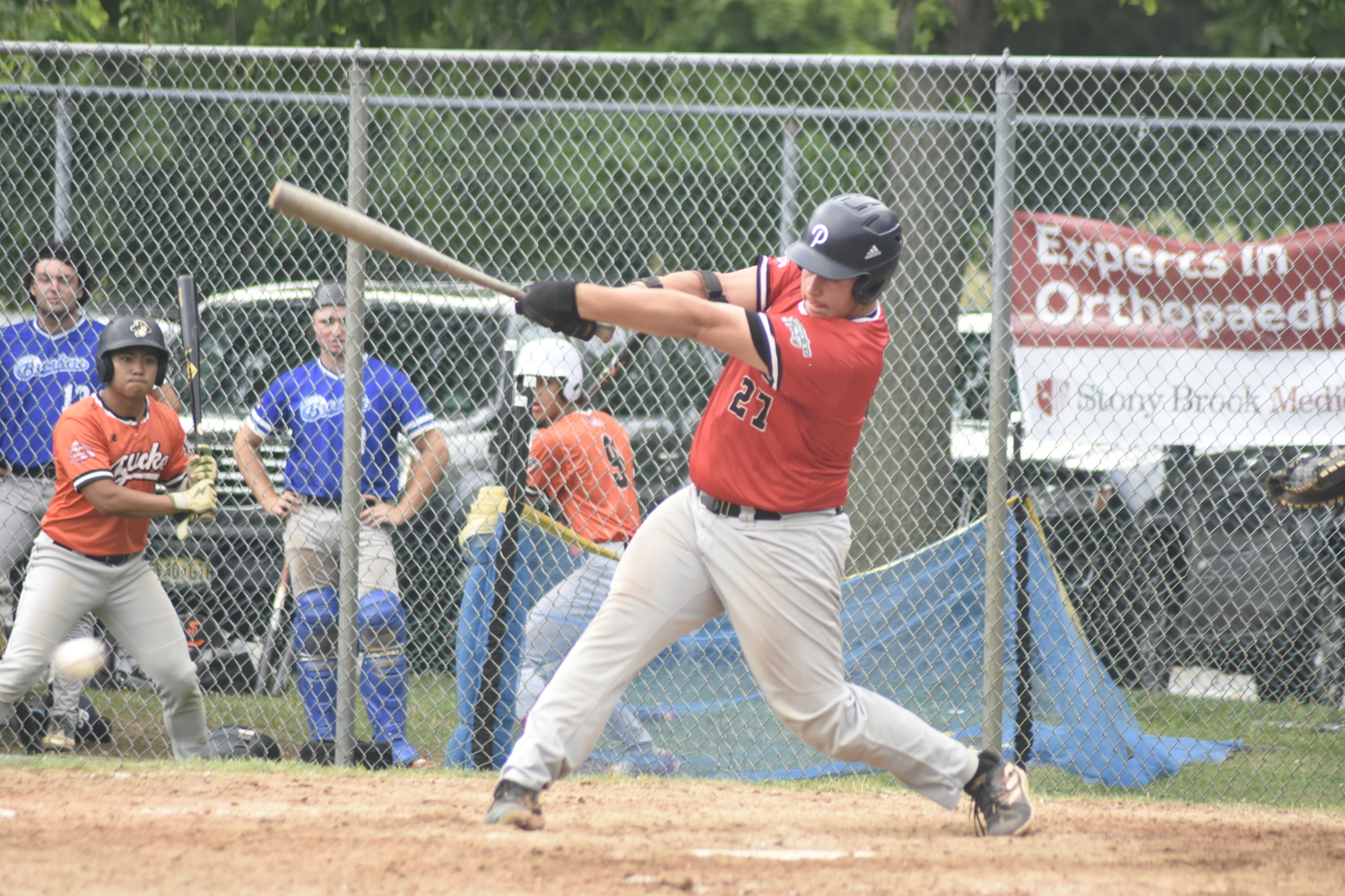 Westhampton Aviator Tyler Smith (St. Peter's) doubles down the left field line to drive in a pair of runs in the top of the ninth inning.   DREW BUDD