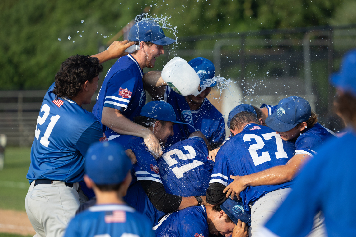 The Breakers celebrate after Anthony Pellagrini (Middlebury College) struck out the final batter of the game for the 8-2 victory in game two on Tuesday.   RON ESPOSITO