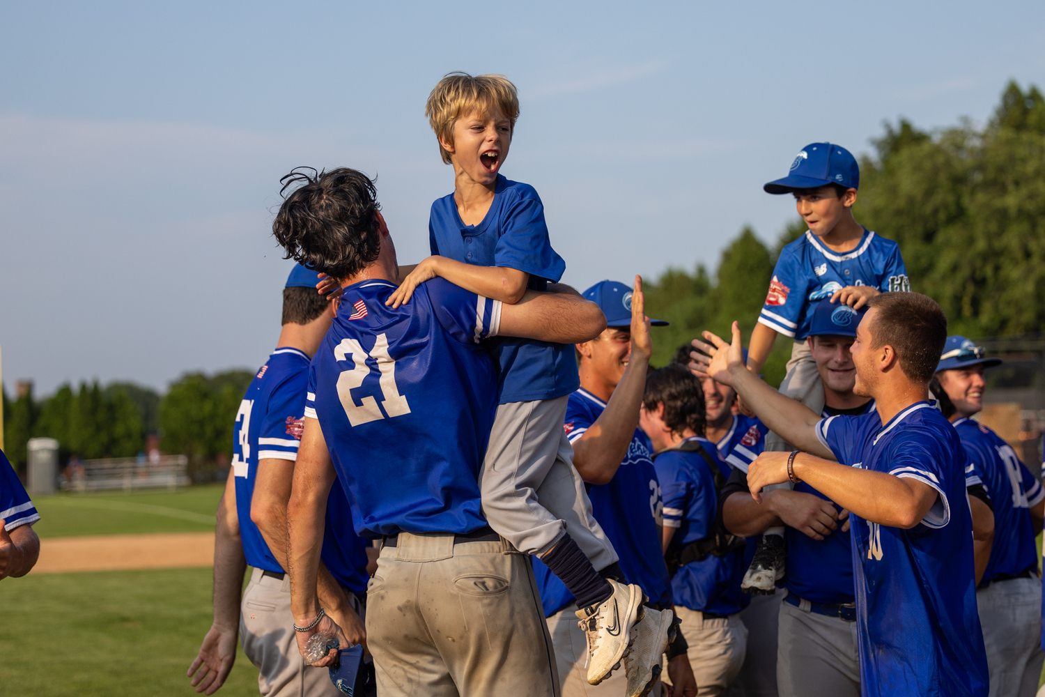 The Breakers celebrate after Anthony Pellagrini (Middlebury College) struck out the final batter of the game for the 8-2 victory in game two on Tuesday.   RON ESPOSITO