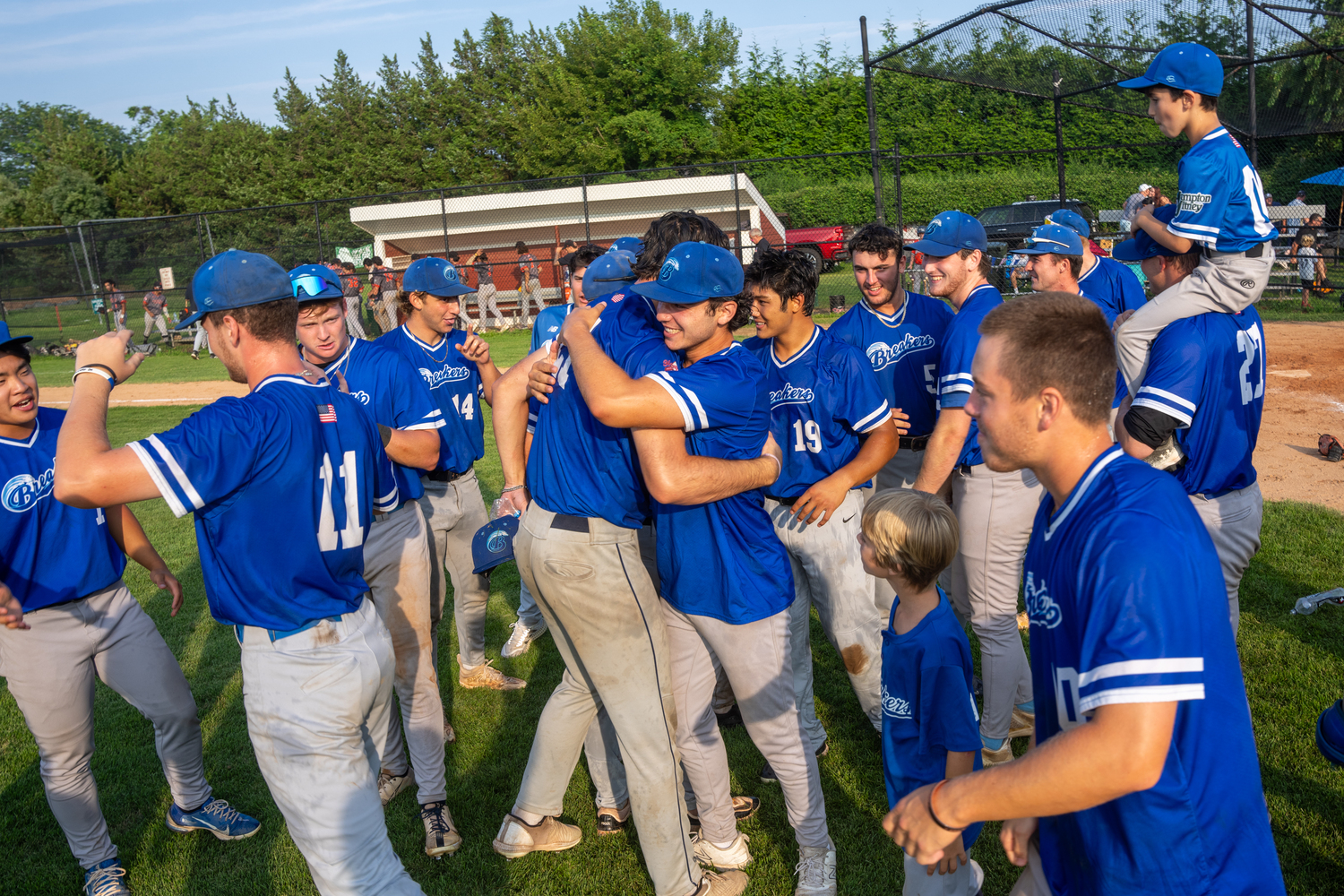 The Breakers celebrate after Anthony Pellagrini (Middlebury College) struck out the final batter of the game for the 8-2 victory in game two on Tuesday.   RON ESPOSITO