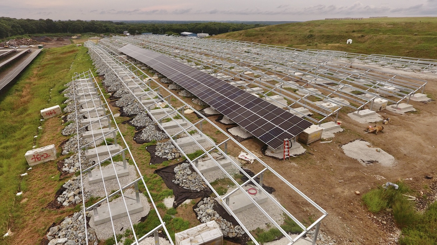 A 4 megawatt solar farm is currently under construction atop a section of the capped former Southampton Town landfill on Majors Path in North Sea, a first of its kind project on the South Fork that renewable energy advocates say could be a boost for finding creative places to put solar arrays. MICHAEL WRIGHT