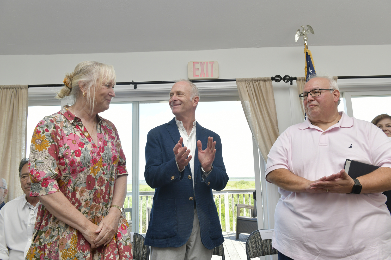 West Hampton Dunes Village new trustees, Regina Mulhearn and Howard Freeman, along with new Mayor Irwin Krasnow, were sworn in on Monday morning.  DANA SHAW
