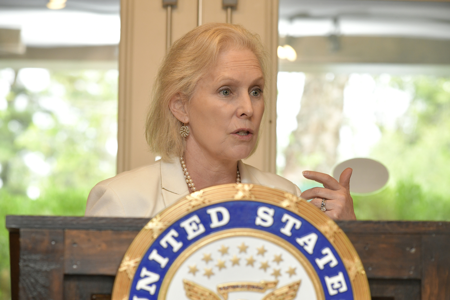 Senator Kirsten Gillibrand speaks at VFW Post 5350 in Westhampton Beach on Friday afternoon.   DANA SHAW