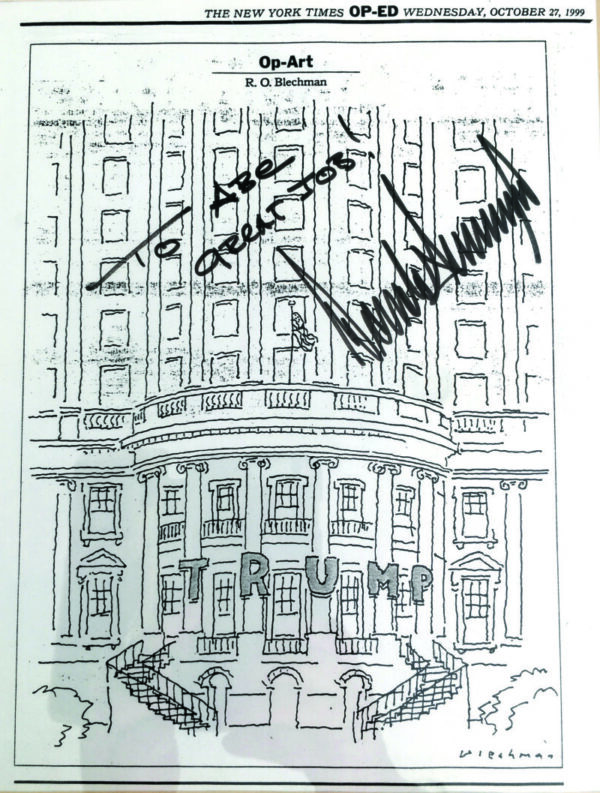 Donald Trump signed an R.O. Blechman cartoon that appeared in The New York Times in 1999 and gave it to Abraham Wallach.